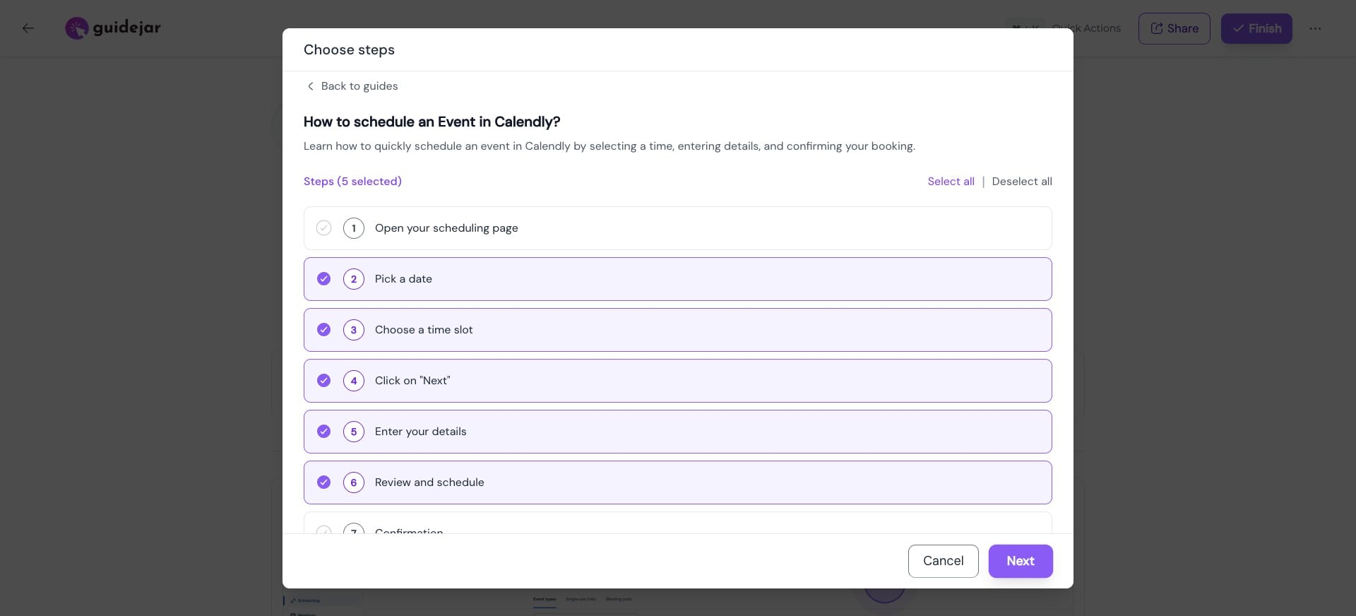**Pick steps to import**
Select the steps you want to reuse, then click **“Next”**