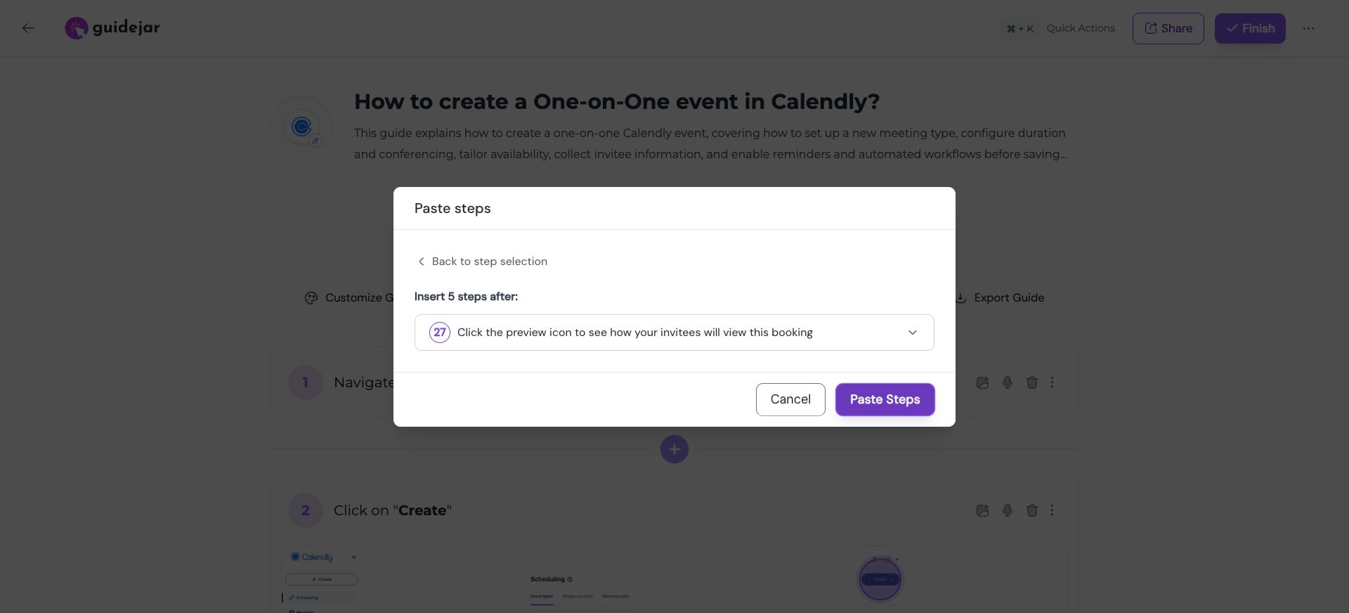 **Choose insertion point**
Choose the step after which you want to insert the selected steps