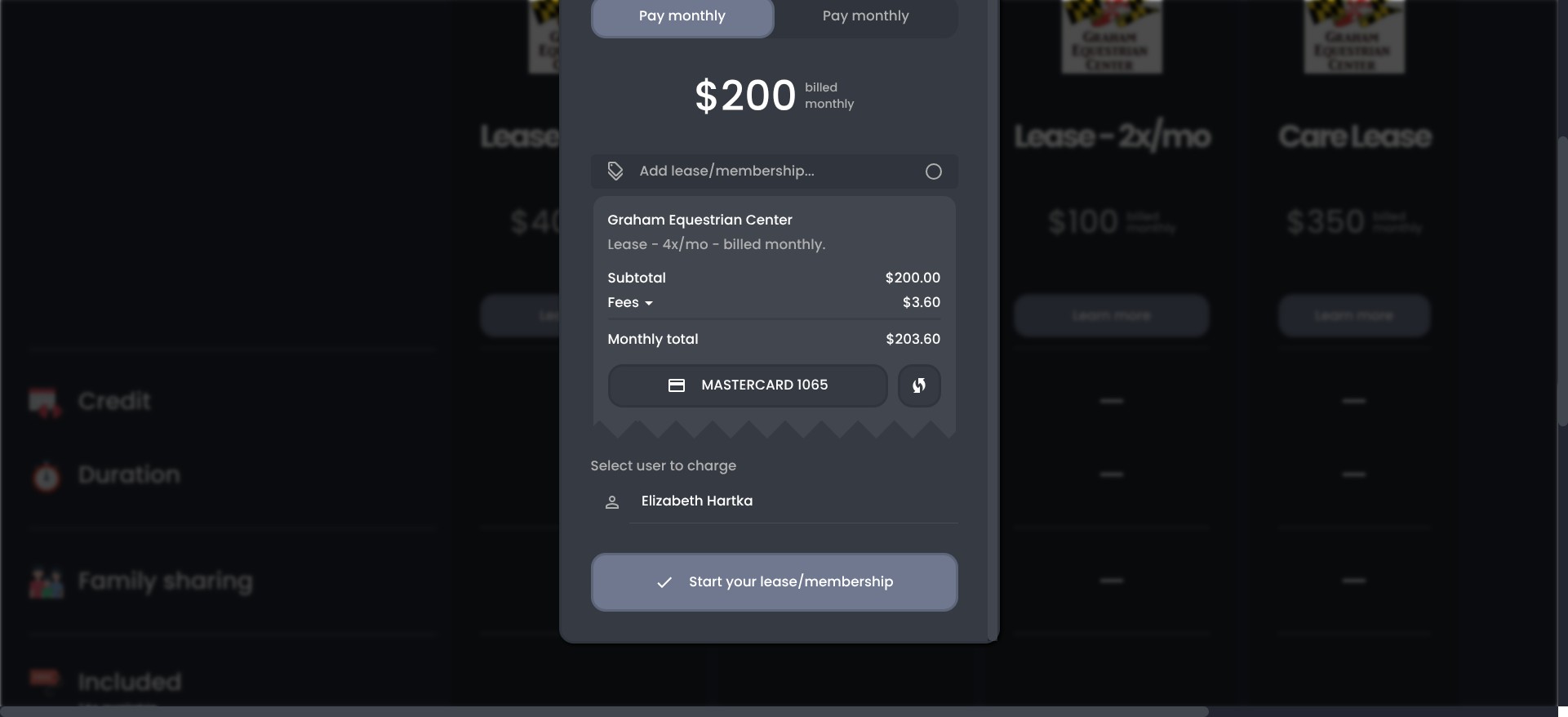 Once you click on 'start your lease/membership' you will be charged for one month, and your card will be billed on the same date each month going forward.  It is best to start leasing as close to the 1st as possible so that you have time to use all of your rides.  When you want to end your lease you will cancel your membership in the system under your profile.