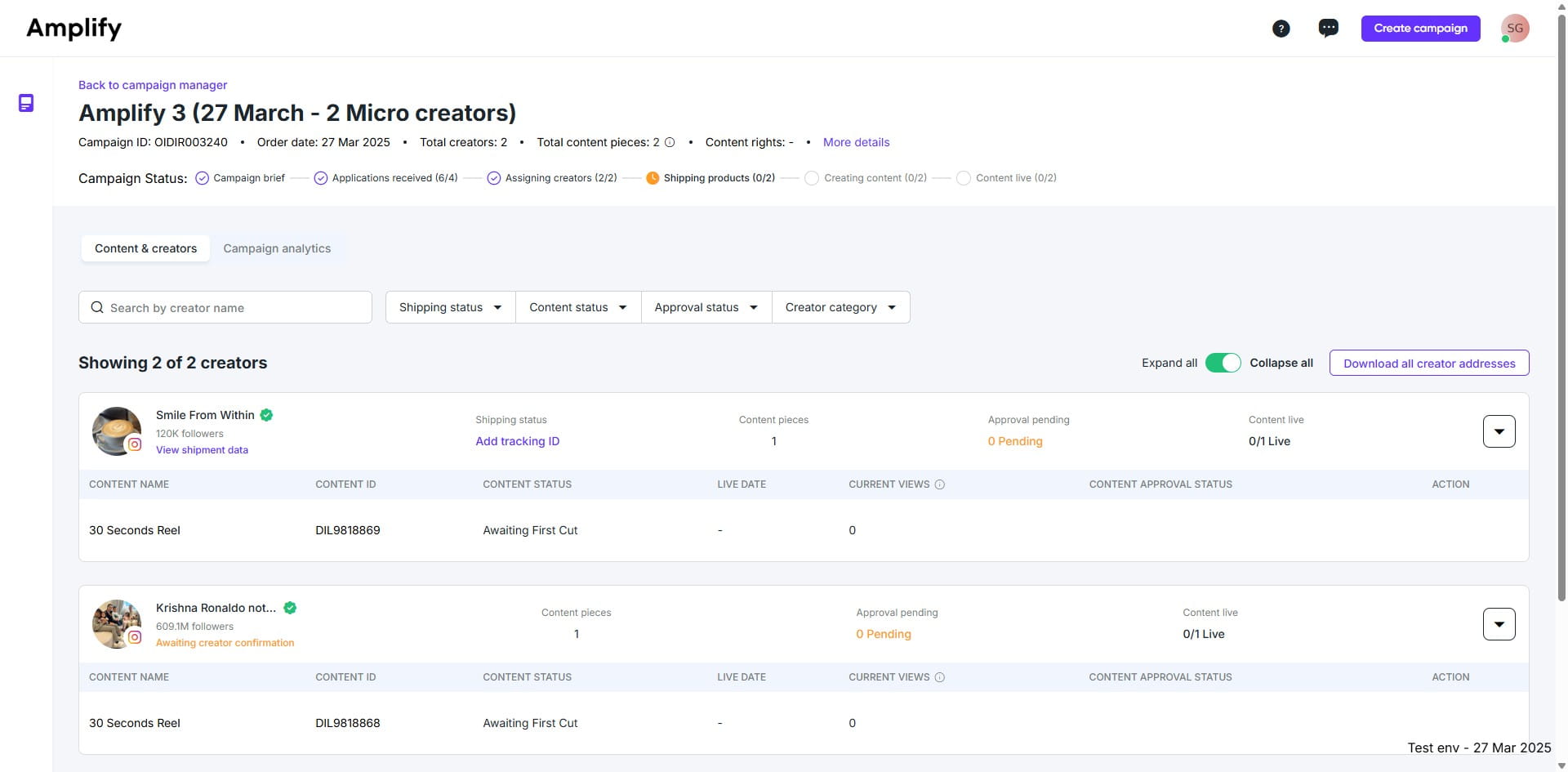 Click "Download all creator addresses" to download the addresses of all creators.