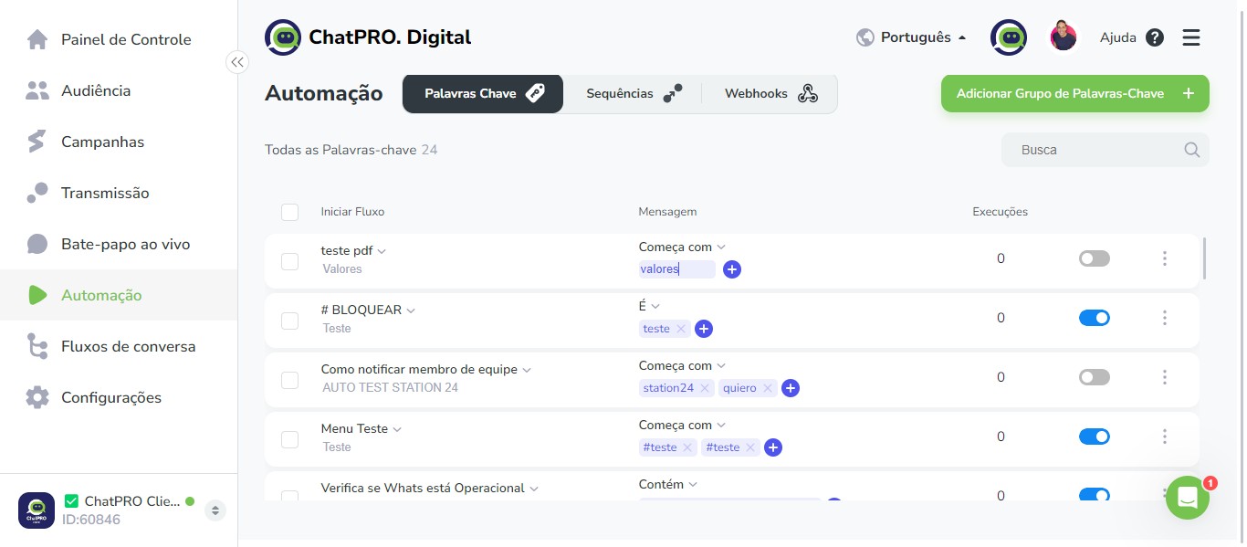 Click on "Todas as Palavras-chave"