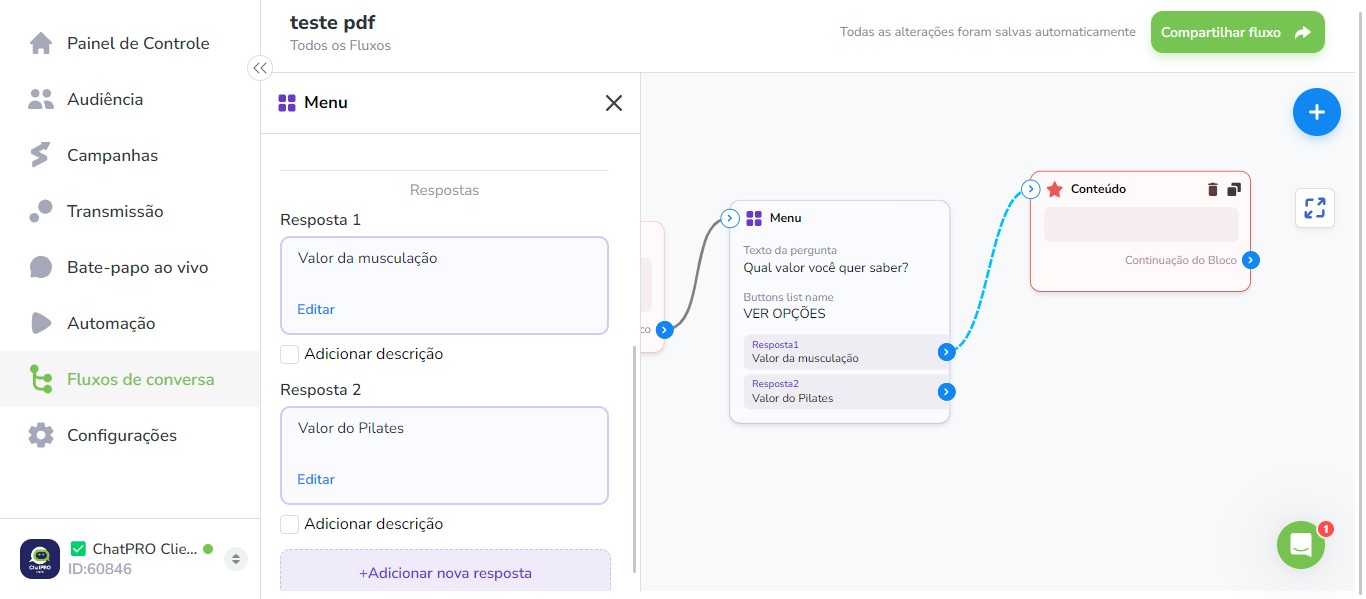 Click on "Continuação do Bloco"