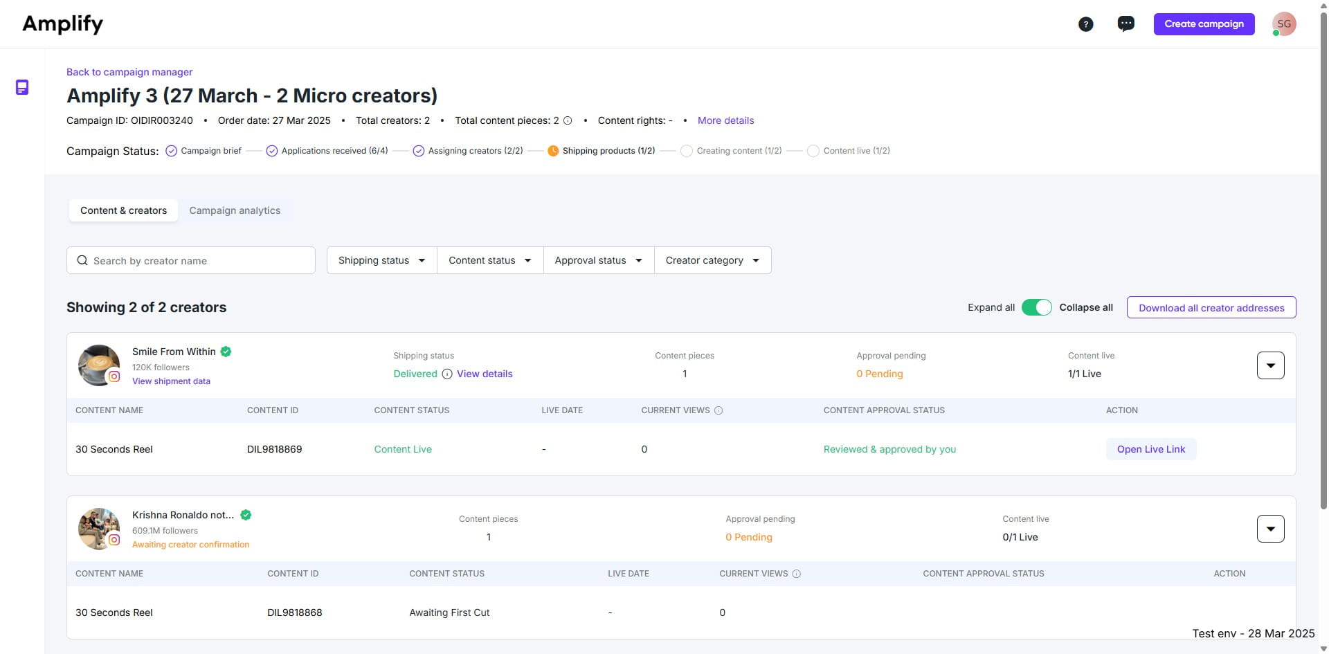 Click on "Open Live Link" to check the content.