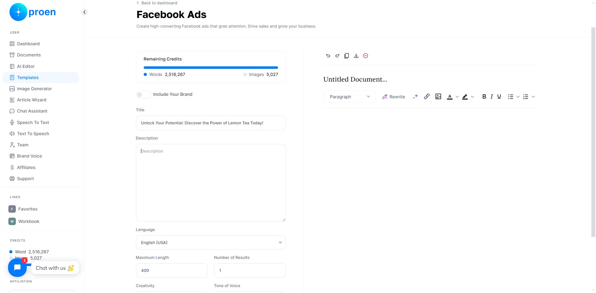 Enter a description of the Facebook Ad you wish to generate
