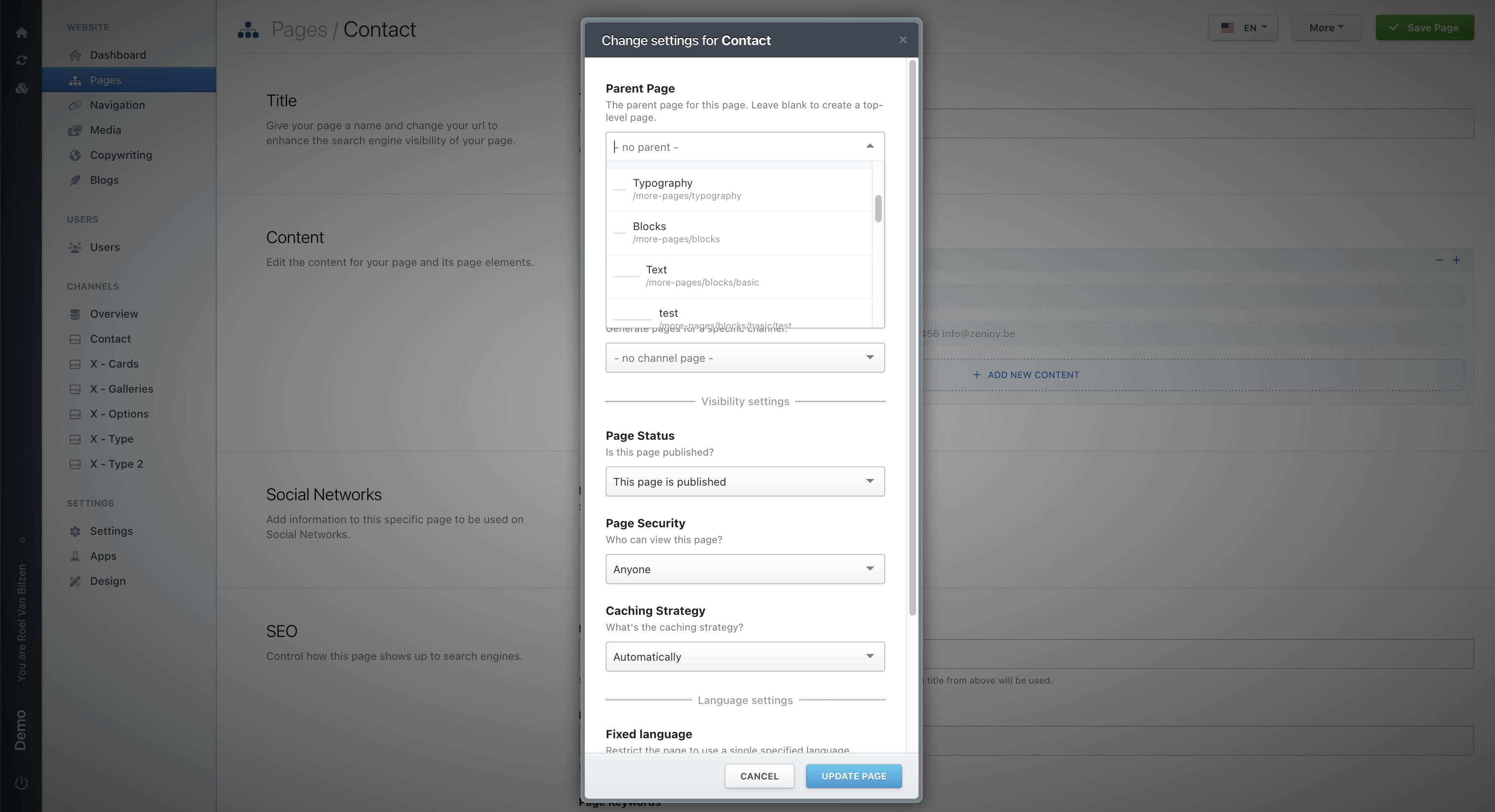 Select the parent page for this page. This will make the structure of your website. If page "/contact" is choosen as a parent for the new page "/form", the URL will be "/contact/form". If no parent is choosen the URL will be just "/form".