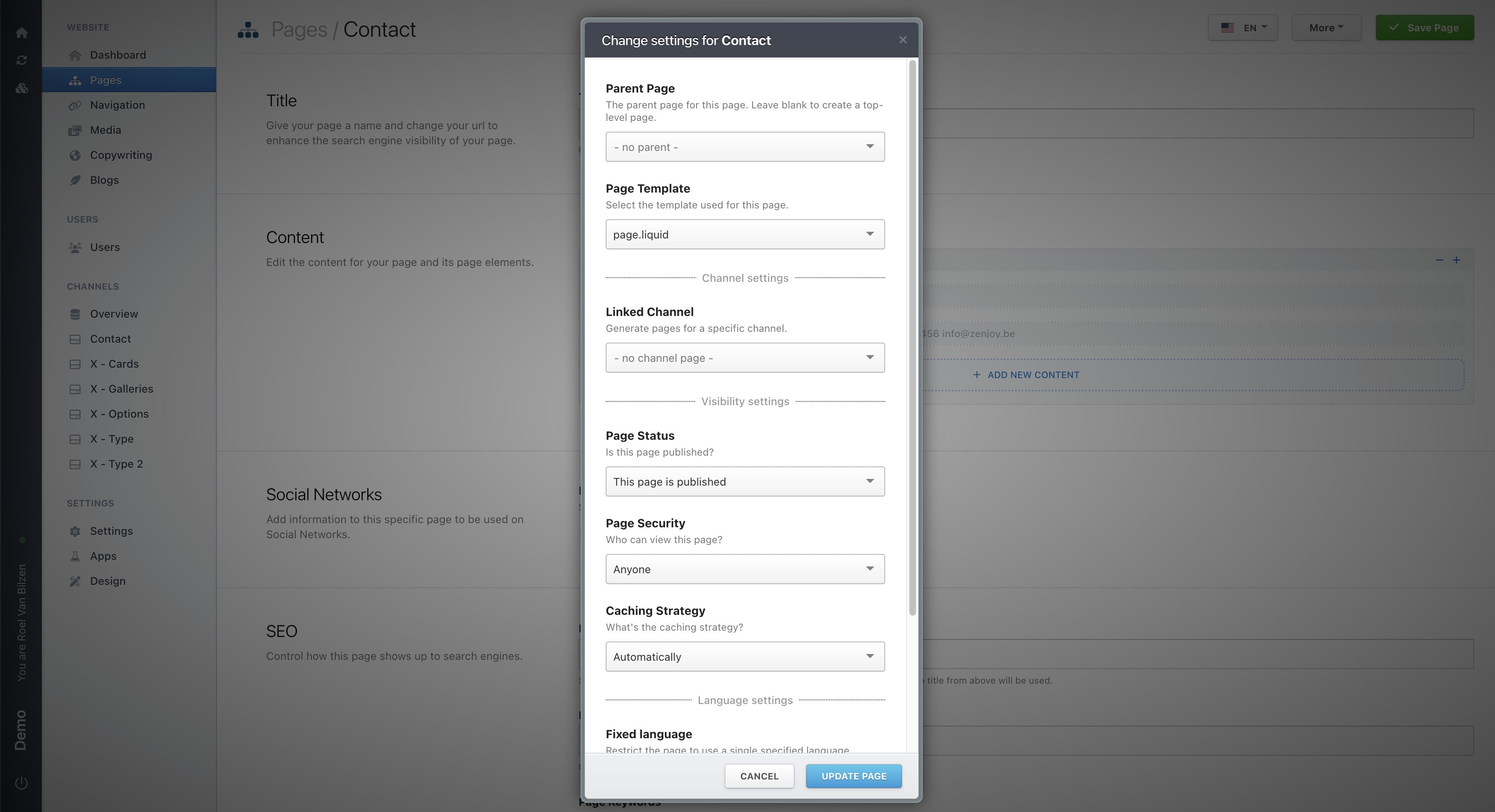 On non-homepage pages you have three more settings: parent page, linked channel and channel filter.
