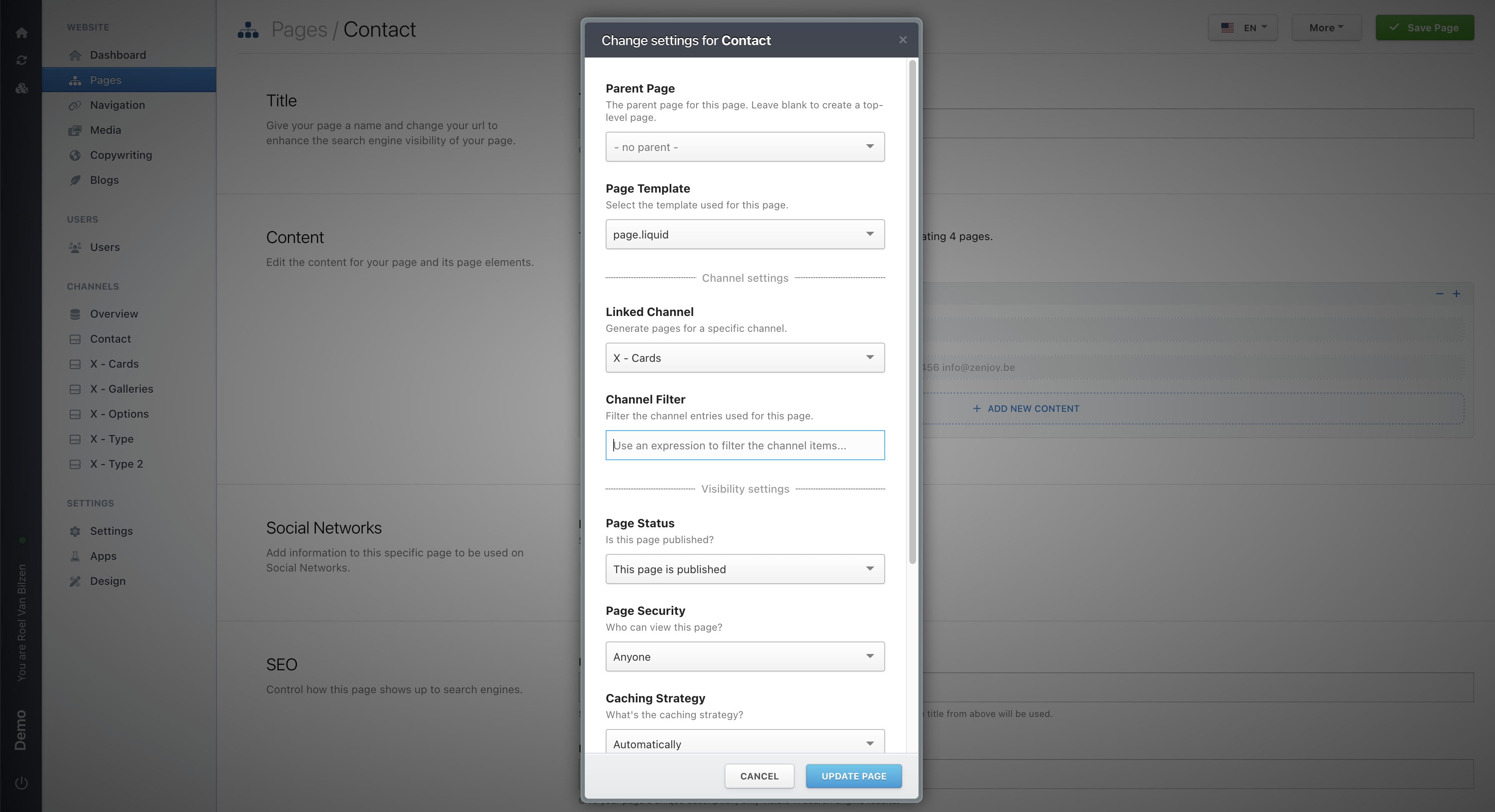 When opening the page settings again, you can now see the "Channel Filter". You can give an expression to filter the channel pages. For example to only show newsarticles that have been published or events that will take place. Only the pages that fulfill the expression will have a page, the others will redirect you to the homepage, if used.
This is also a field that will be filled in by Zenjoy when it is need.