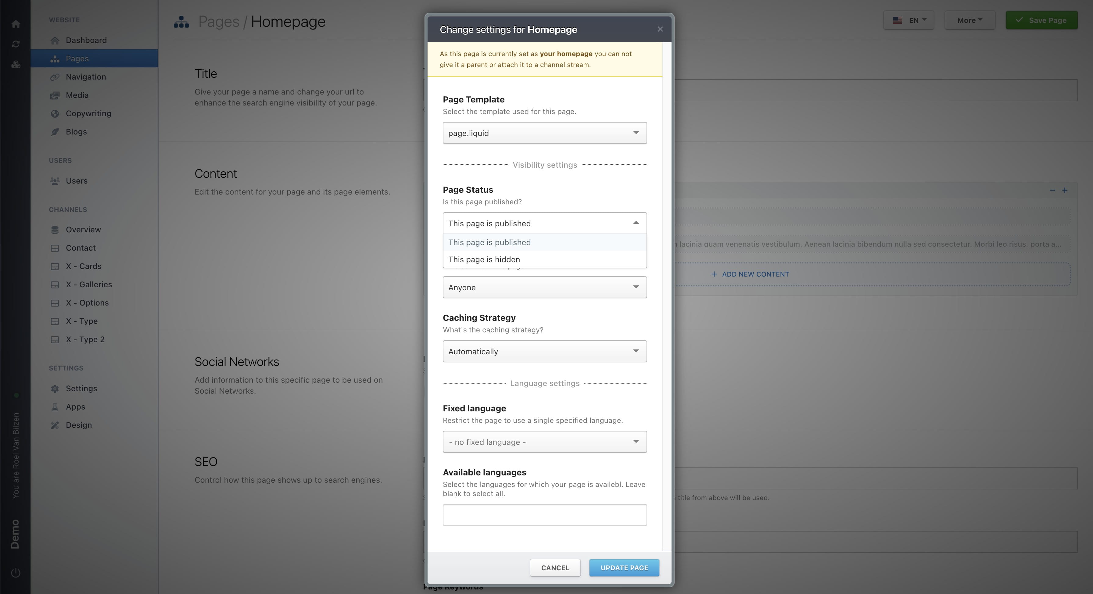 Besides the button to publish a page, it is also possible to publish or hide a page in the settings.