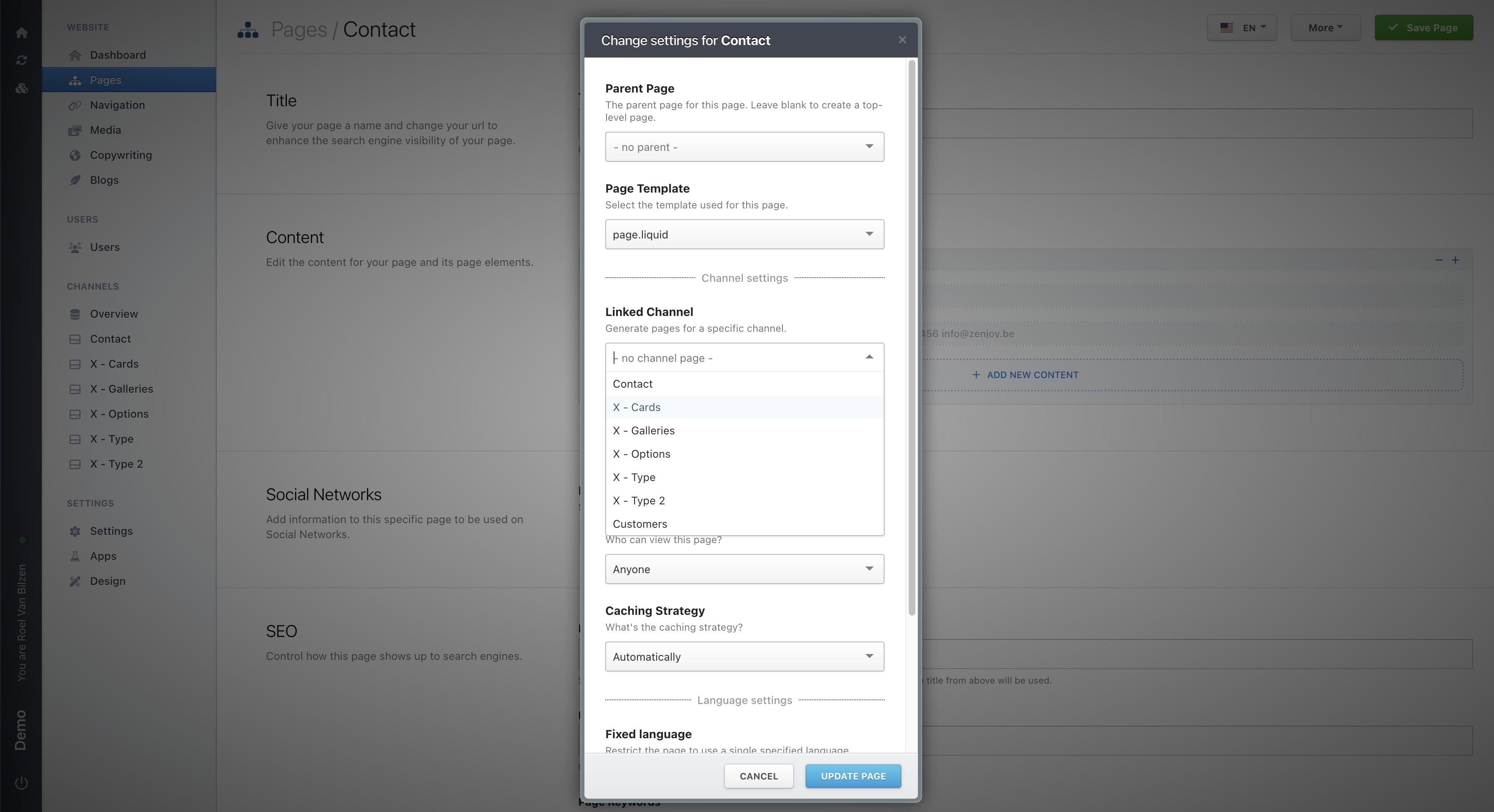 It is possible to link a channel to a page to make a channel page. This will turn each entry in that channel into a page. This is combined by a specific template to visiually show all the entries on it's page. 
This is a setting that will be set by Zenjoy, since this needs specific coding to visually show the entries.
