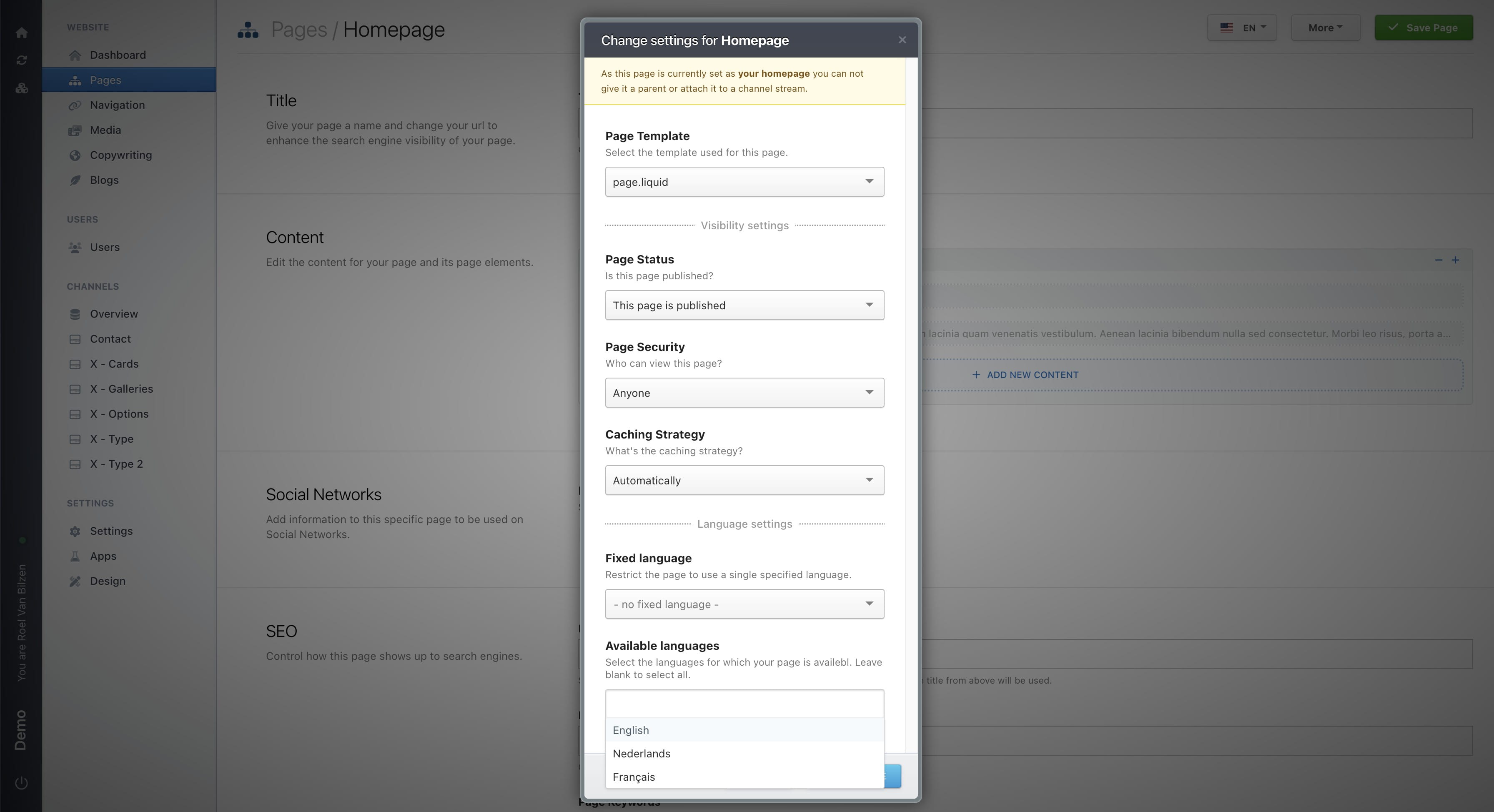 Instead of only having one fixed language, it is possible to select multiple languages in which the page will be available. When left empty, the page will be available in all languages.