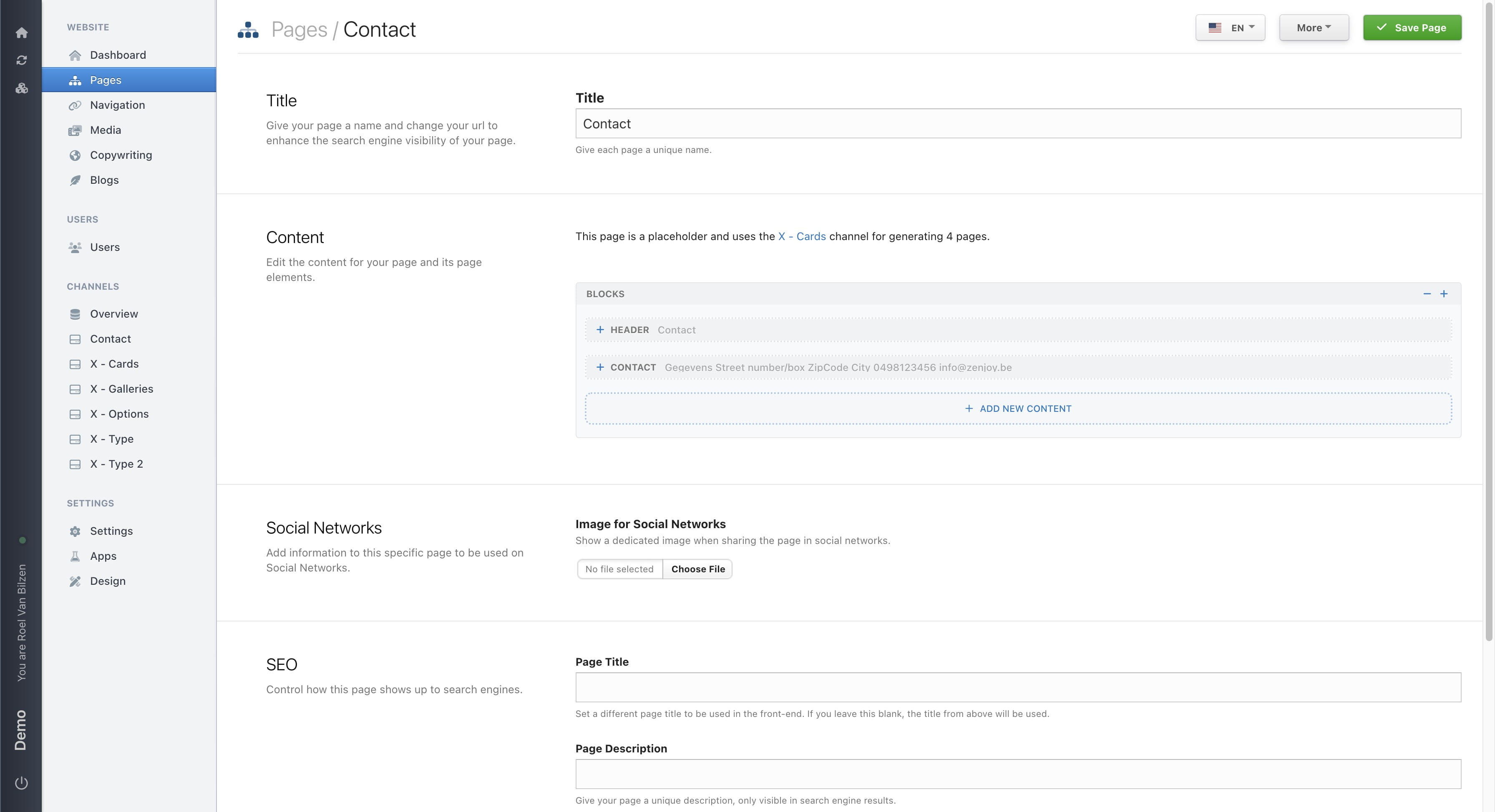 A new text is visible on the page. This will give extra info about the channel page and how many pages are generated. Each entry in the channel now has a link to their page.
If the template has custom fields that are the same for all channel pages, they can be filled in or added below the text.