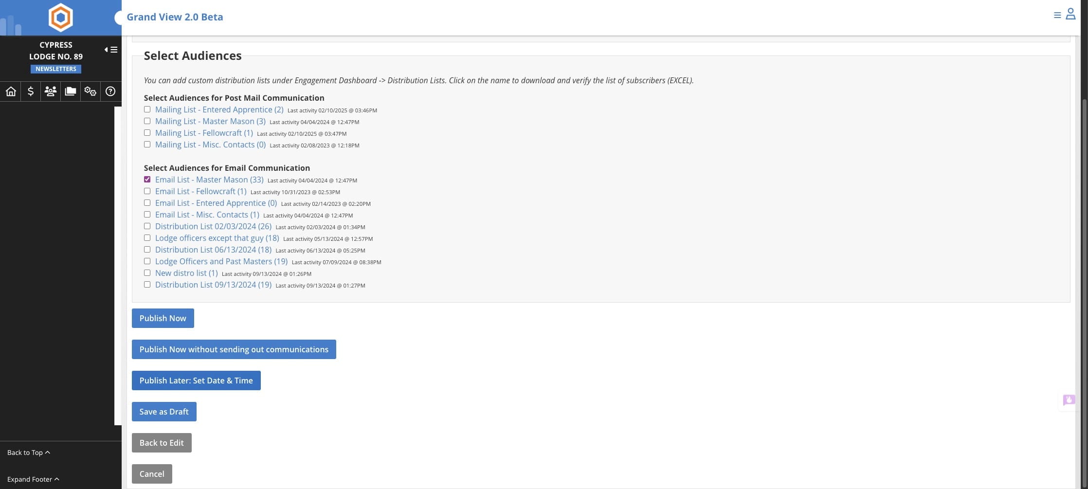 Select one Publish option.
