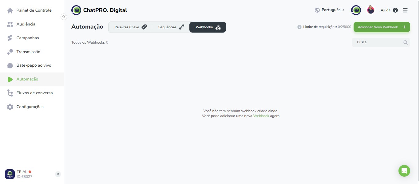 Click on "Adicionar Novo Webhook"