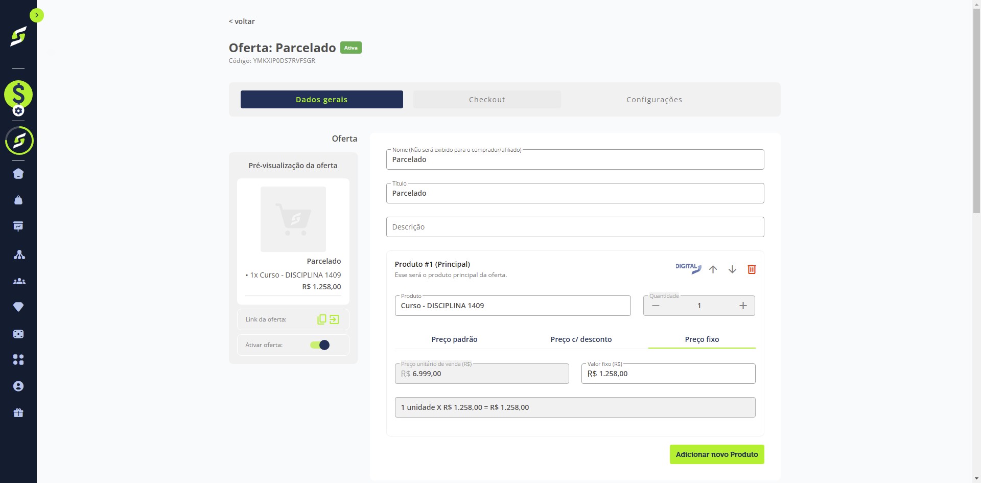 De volta aos detalhes da oferta, clique novamente na aba "Checkout".