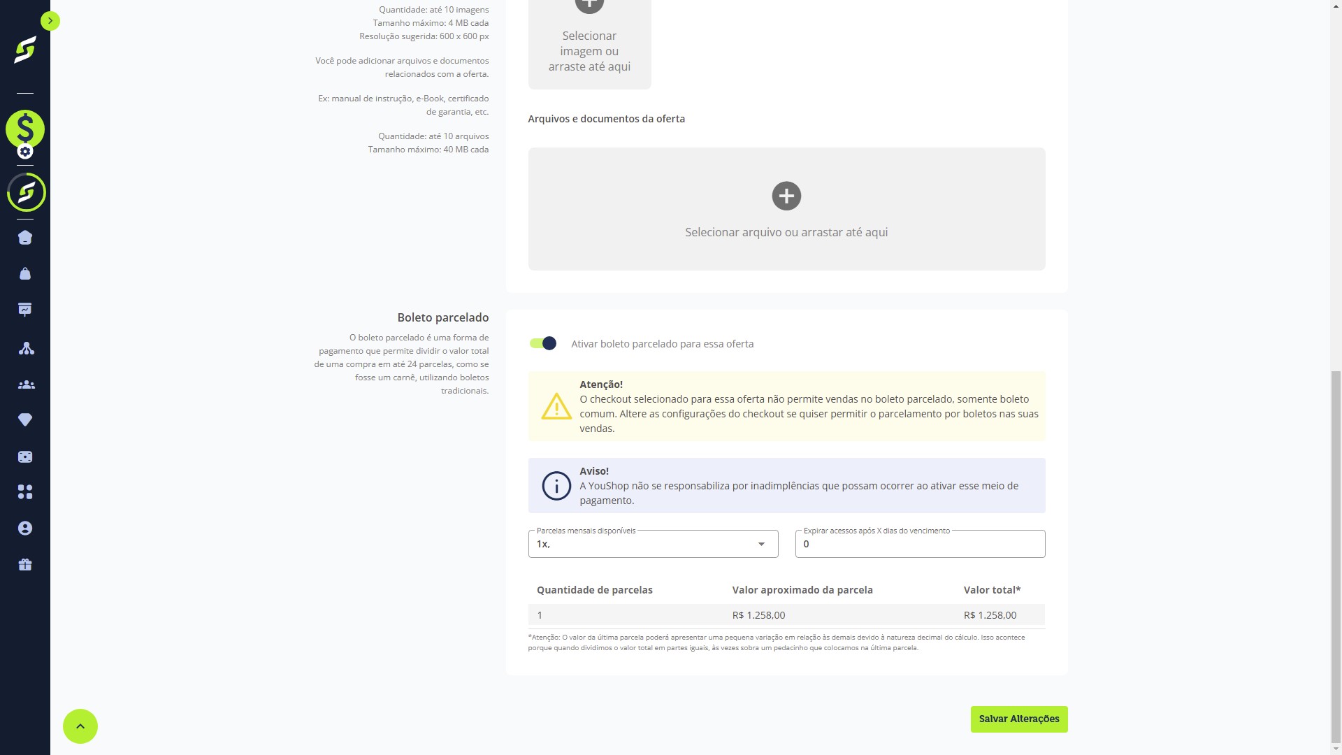 Clique em "Ativar boleto parcelado para essa oferta".