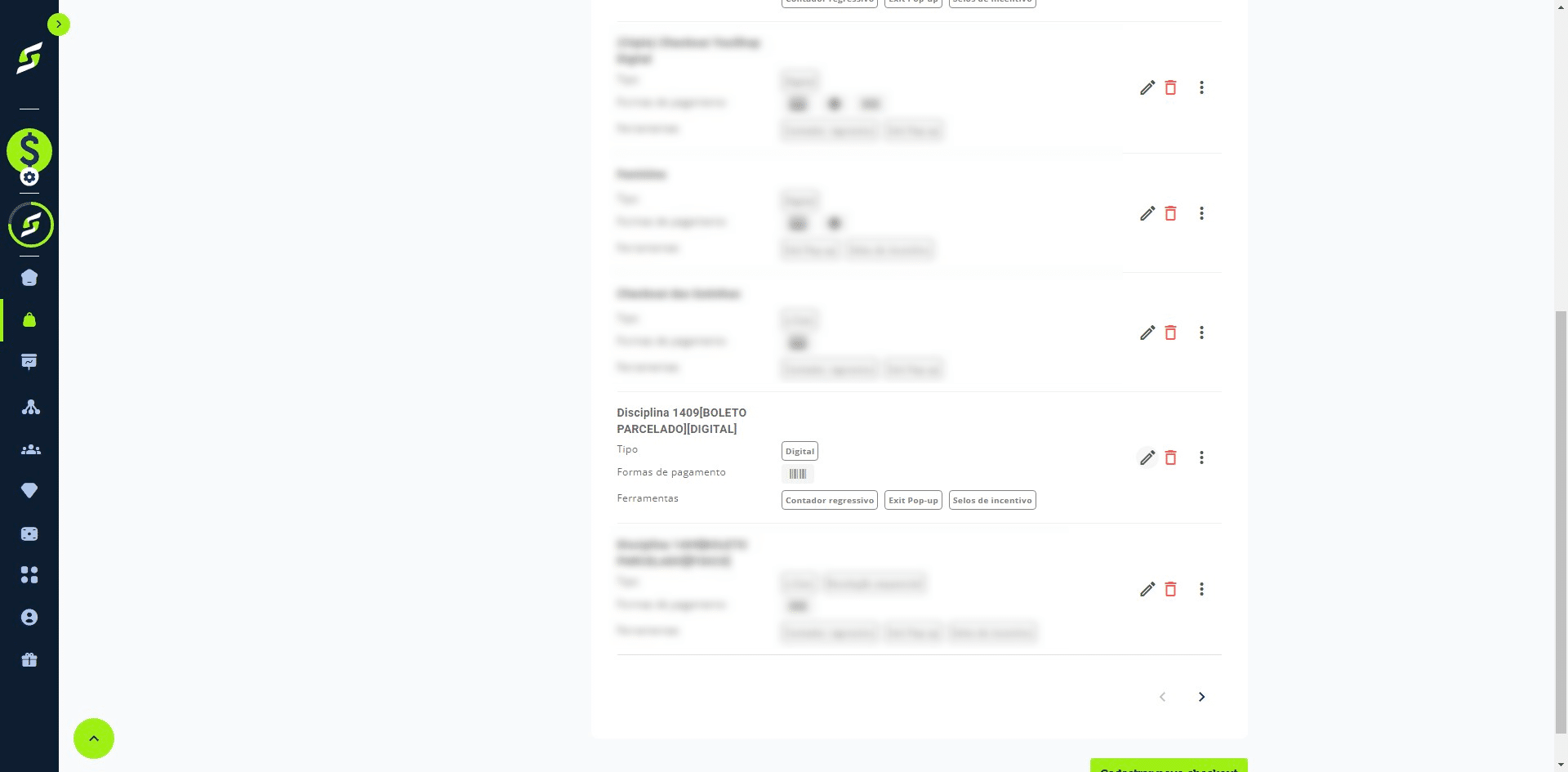 Clique no ícone de edição do checkout que deseja configurar.