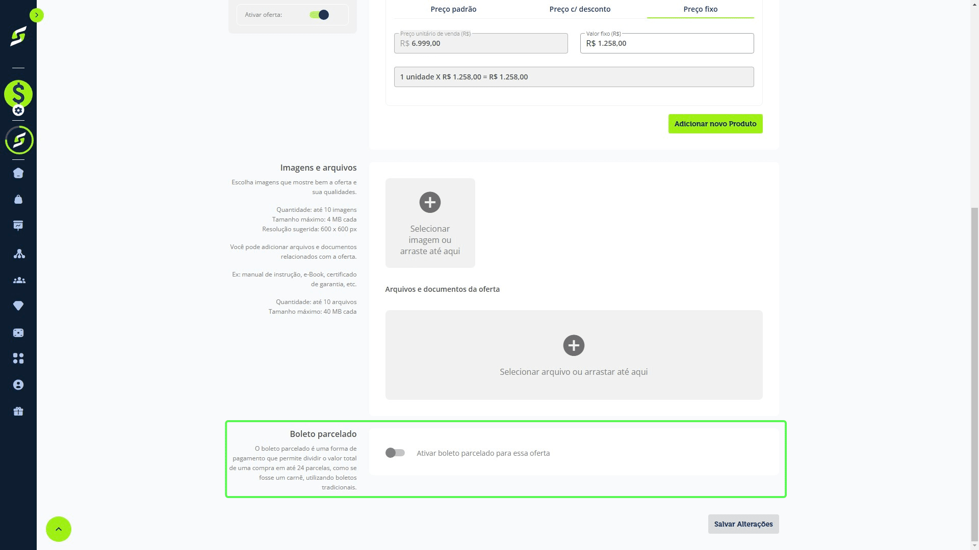 Nos detalhes da oferta, role a página até encontrar a configuração de "Boleto parcelado".