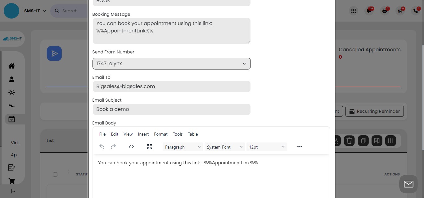 Email notification:
The system will also send an email to the customer with booking information
Note: This email is only sent if the contact has an email address listed in their contact profile