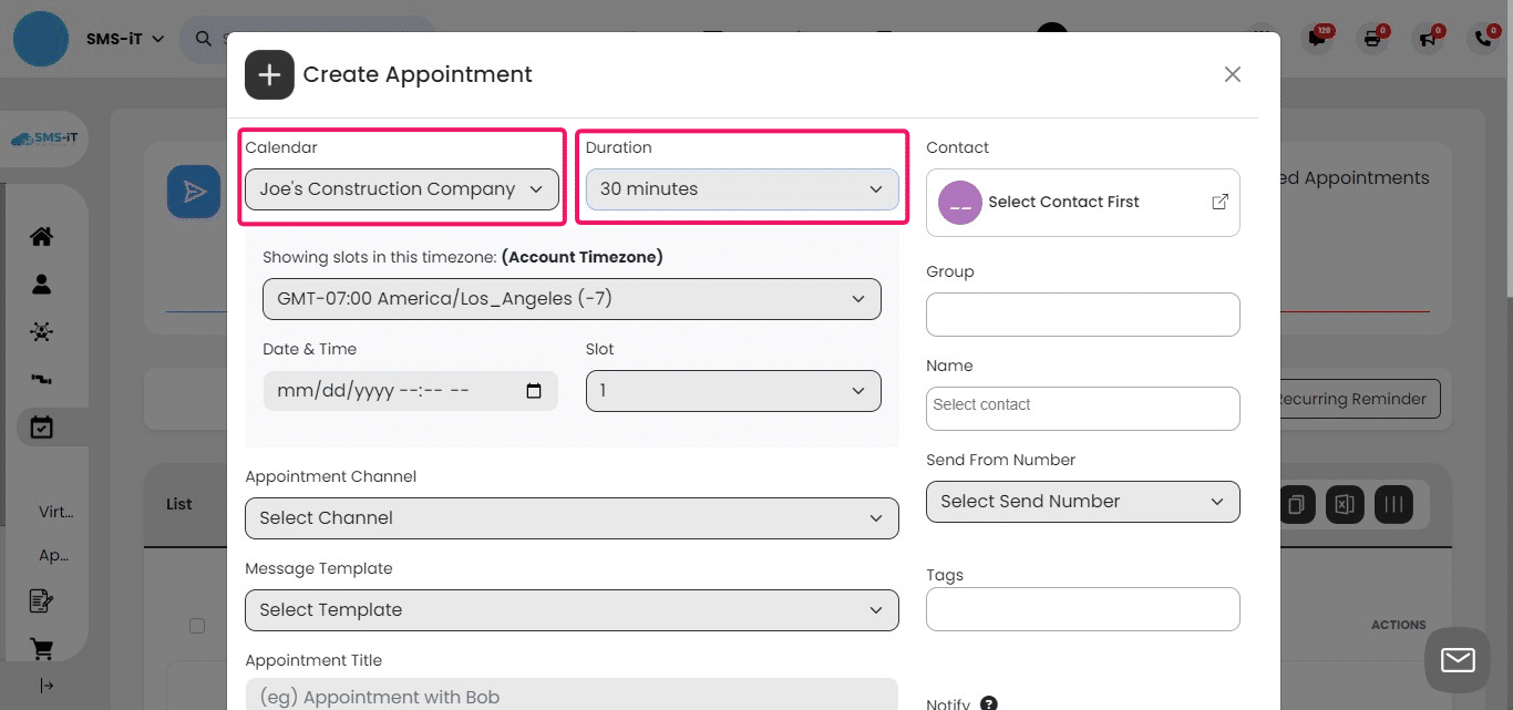 Use the provided pull-down menus to:
     - Select the appropriate calendar for the appointment
     - Choose the desired duration of the meeting