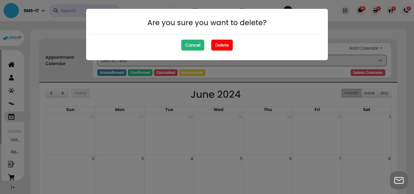 In the confirmation dialog:
     - Click "Delete" to permanently remove the calendar
     - **CAUTION:** There is no secondary confirmation. The calendar and all associated appointments will be immediately deleted. Ensure you want to proceed before clicking "Delete".