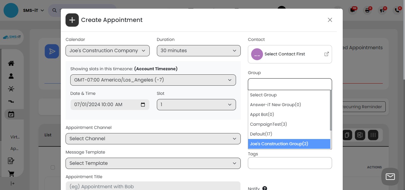 Locate the contact in your system:
     - Use the pull-down menu to select the group where your contact is stored
     - This narrows down your search and helps you quickly find the specific contact