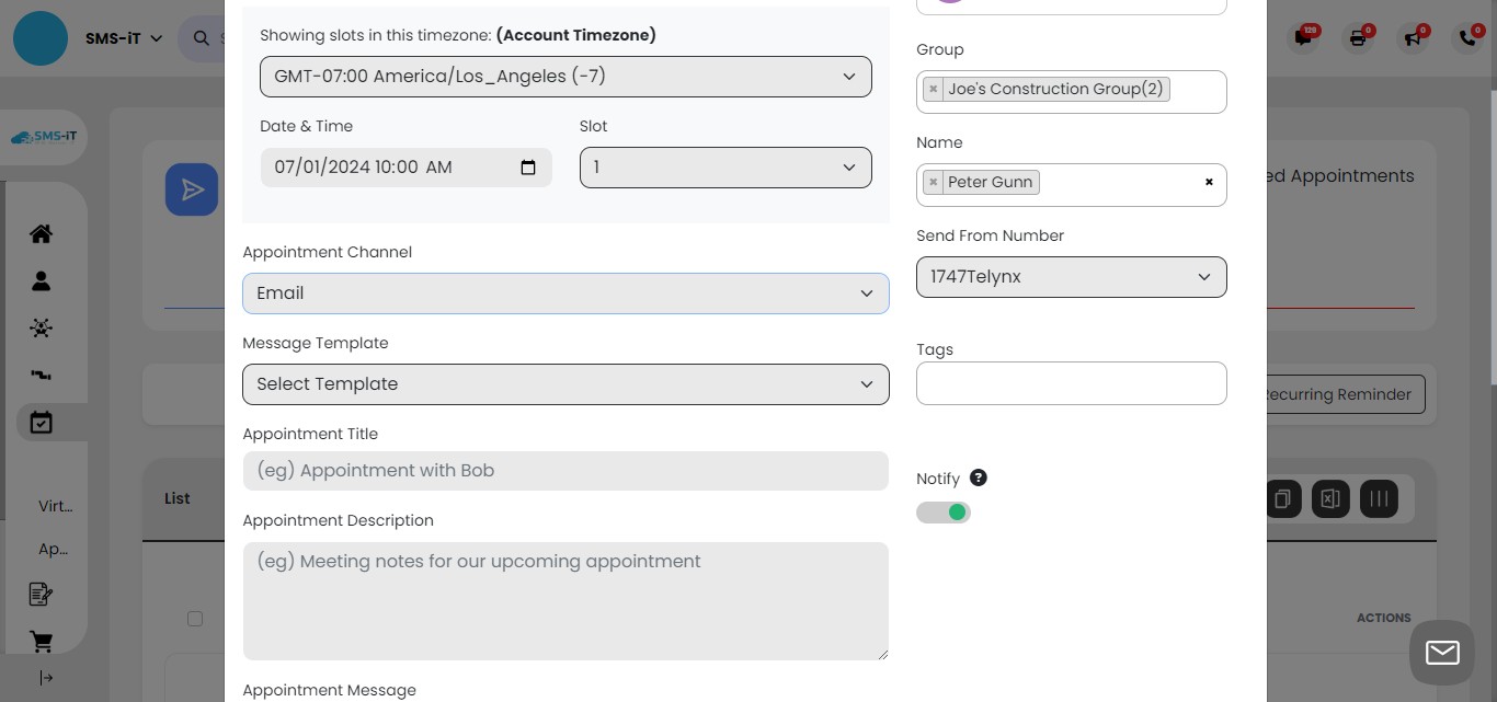 Choose the appointment information delivery method:
    - Click on "Appointment Channel"
     - Select your preferred channel (email recommended)
     - Note: Email is often more reliable for sending appointment links, as SMS may sometimes block links.