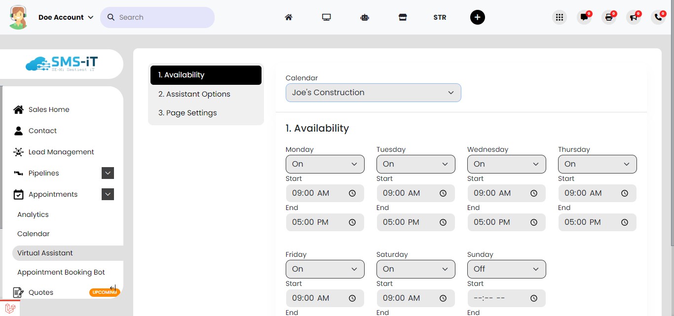 Choose the calendar to configure:
           - Use the "Calendar" pull-down menu to select the desired calendar
           **Note:** You can create unlimited calendars and virtual assistants, each with customizable availability and features