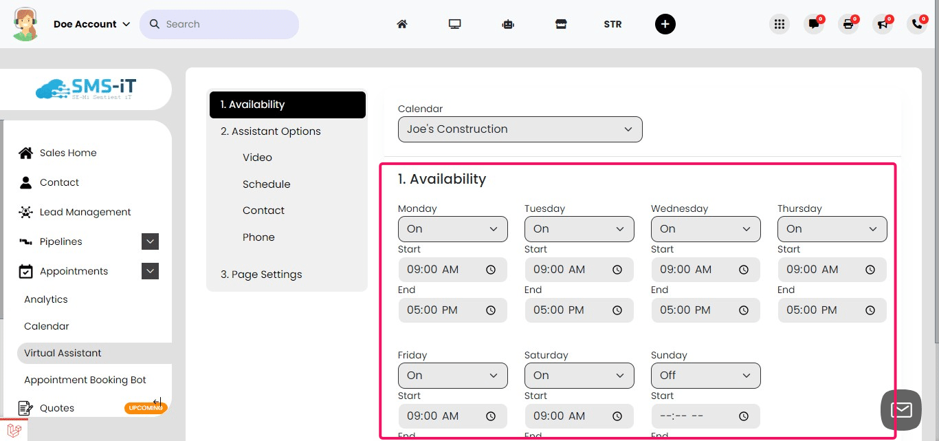 Set availability:
For each day of the week, specify your available times for appointments
You can either:
a) Click the "Time" icon to use a visual time selector, or
b) Type the times directly using your keyboard