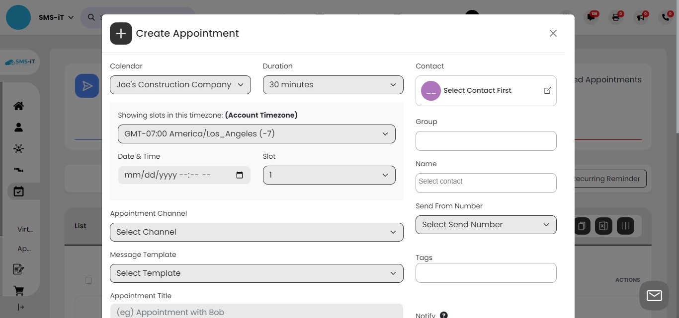 To set the date and time of the appointment:
     - Click on the "Calendar" icon
     - In the calendar view, select the desired date and time