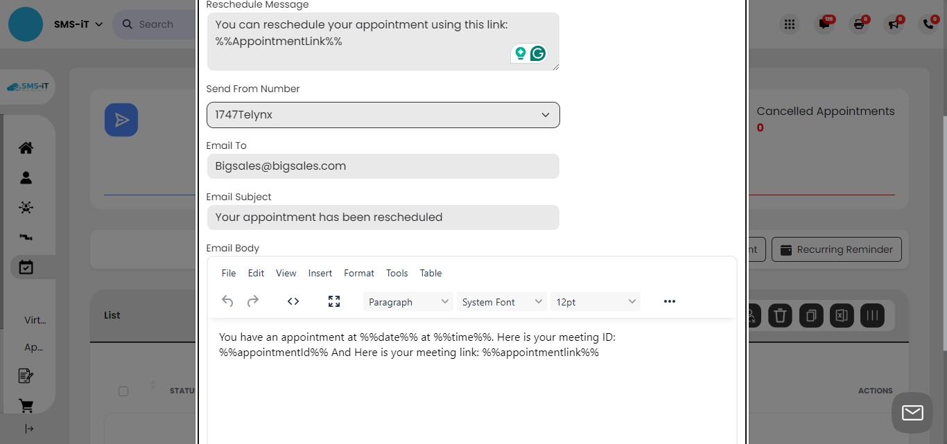 Rescheduling confirmation:
      - When a client requests rescheduling using the keyword and ID, they will receive:
      a) A confirmation text message
      b) A confirmation email with further instructions or a link to reschedule