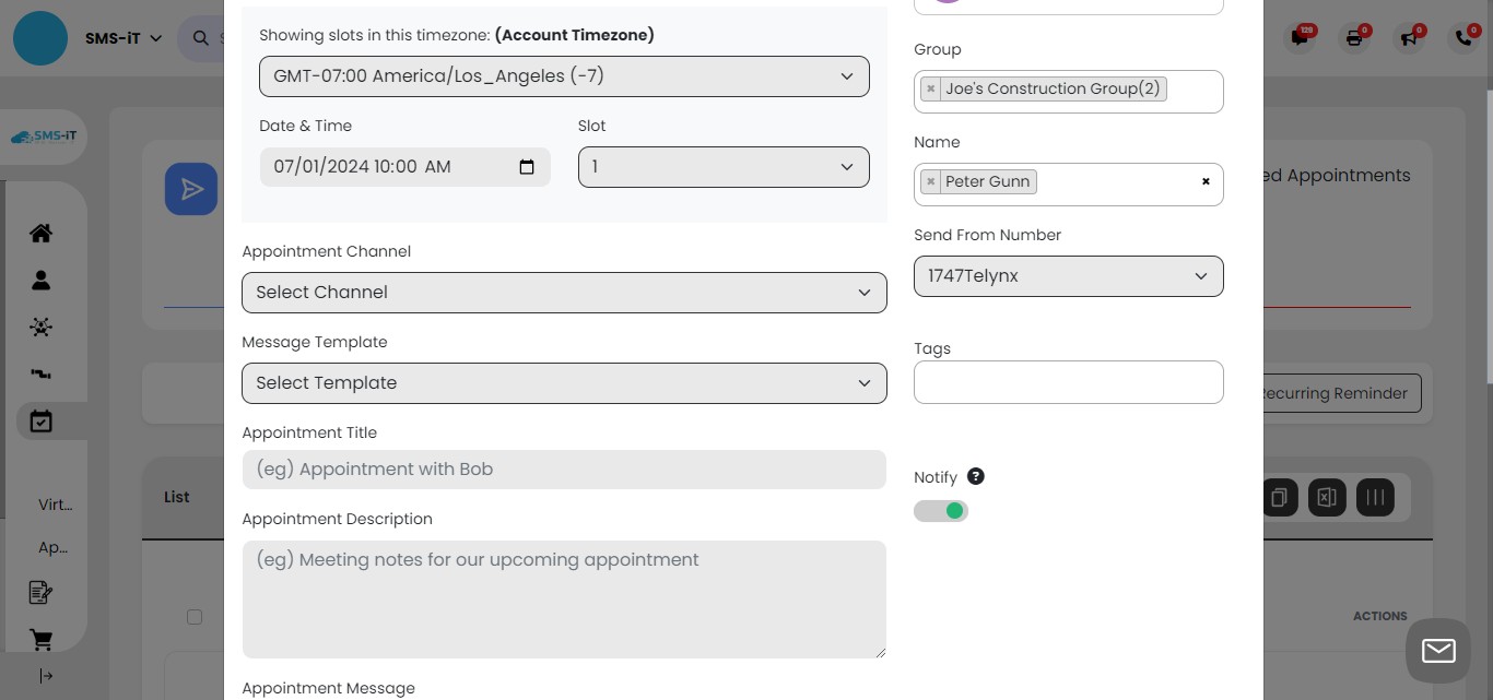  Enable SMS notification:
     - Locate the "Notify" toggle switch
     - Click to turn it on, activating SMS notifications for this appointment