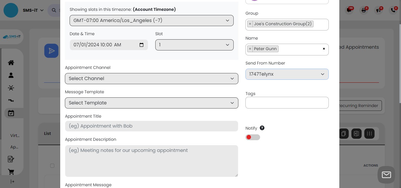 Set up SMS notification for the appointment:
     - Click on "Select Send Number"
     - Choose a number from your system to use for sending the SMS notification