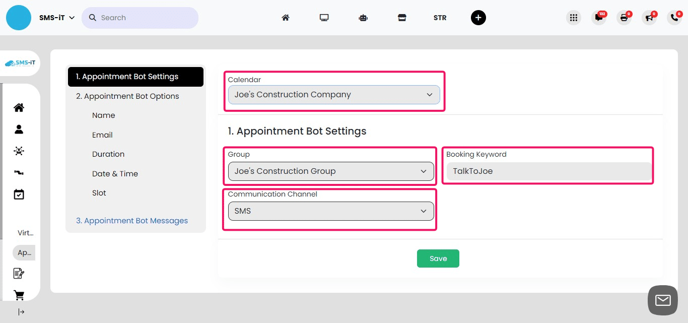 Configure the AI Bot basics:
a) **Calendar:** Select the specific calendar for this AI Bot
Note: You can create unique AI Bots for each calendar, useful for managing multiple businesses
b) **Group:** Choose a contact group for new bookings
This helps organize contacts within your CRM
c) **Booking Keyword:** Set a word or phrase to initiate the AI Bot
Example: "SCHEDULE" or "BOOK APPOINTMENT"
d) **Communication Channel:** Select the AI Bot's operating channel
For this example, we'll use SMS text, the most common option