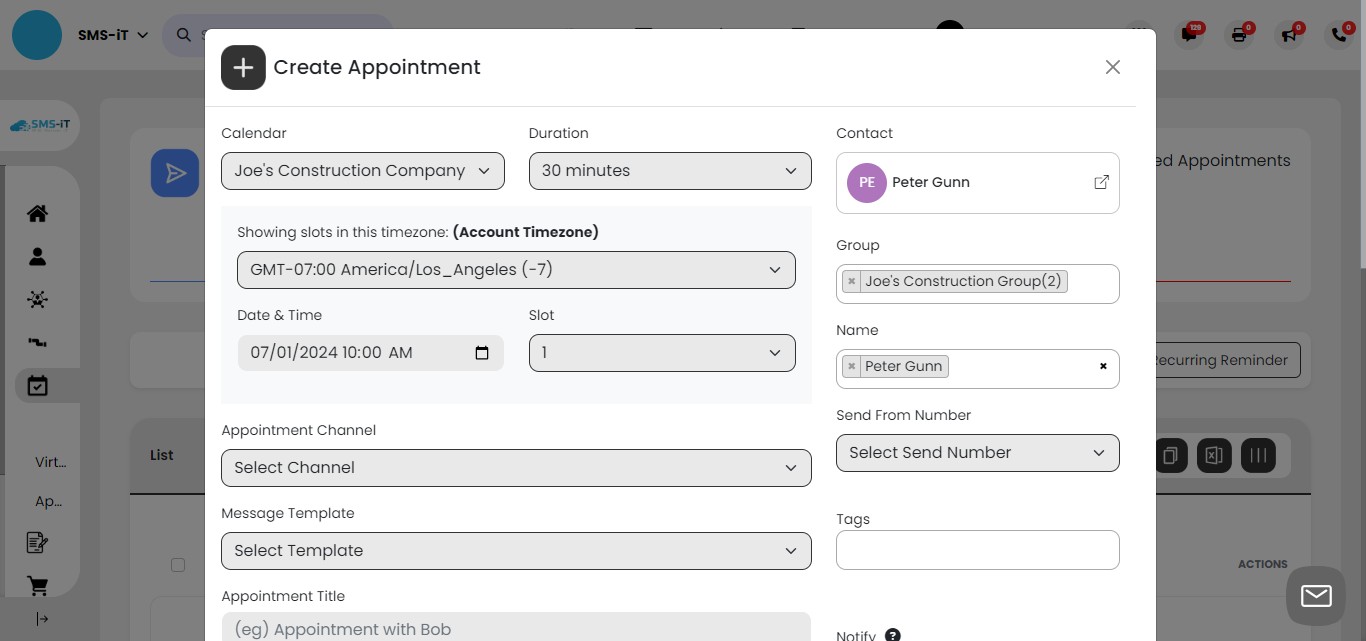 Choose the specific contact for the appointment:

Begin typing either:
a) The first few letters of the contact's name, or
b) The first few digits of their phone number
Select the correct contact from the auto-populated list