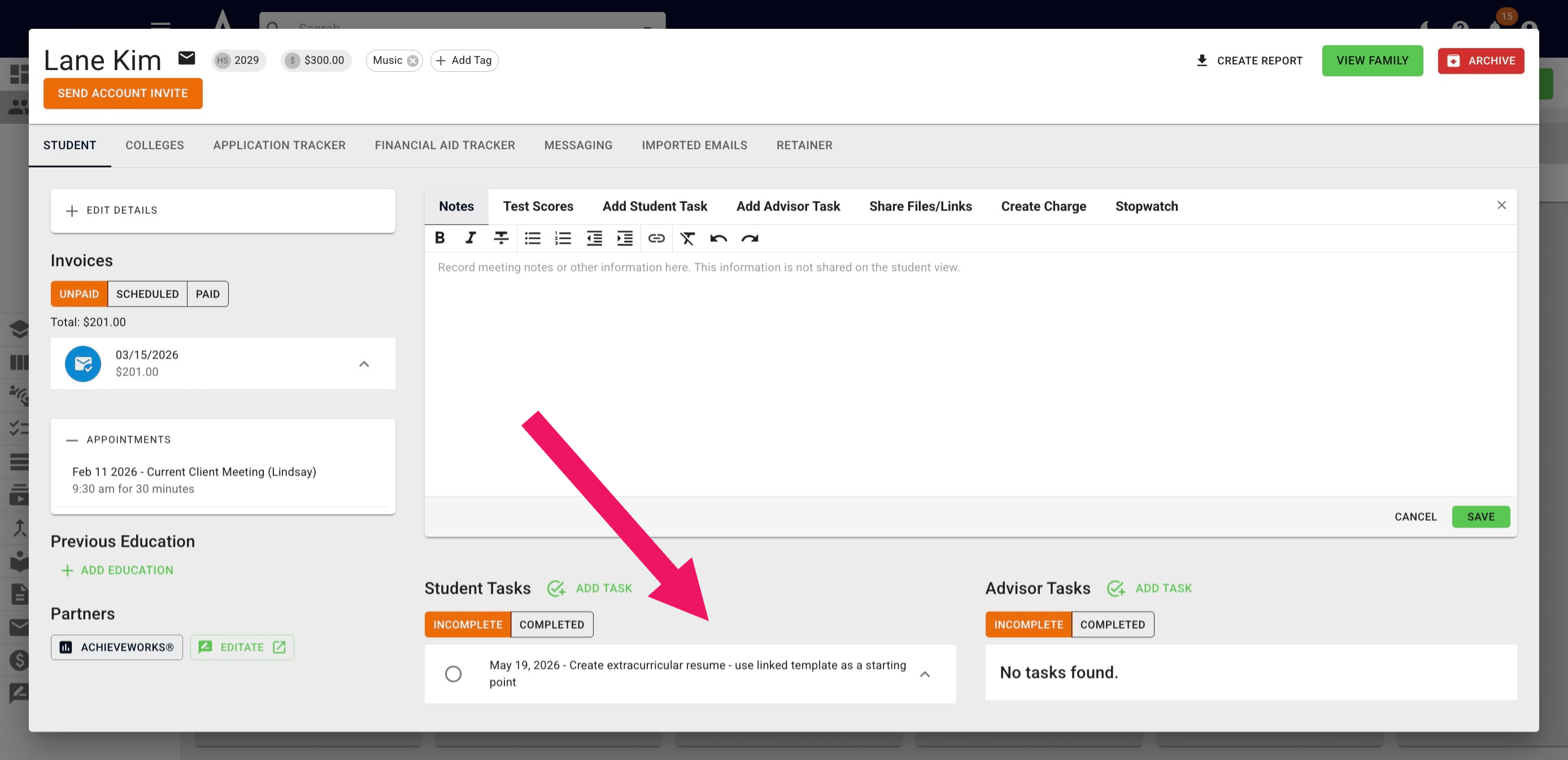 You will then see the applicable task on any of the students' profiles. 