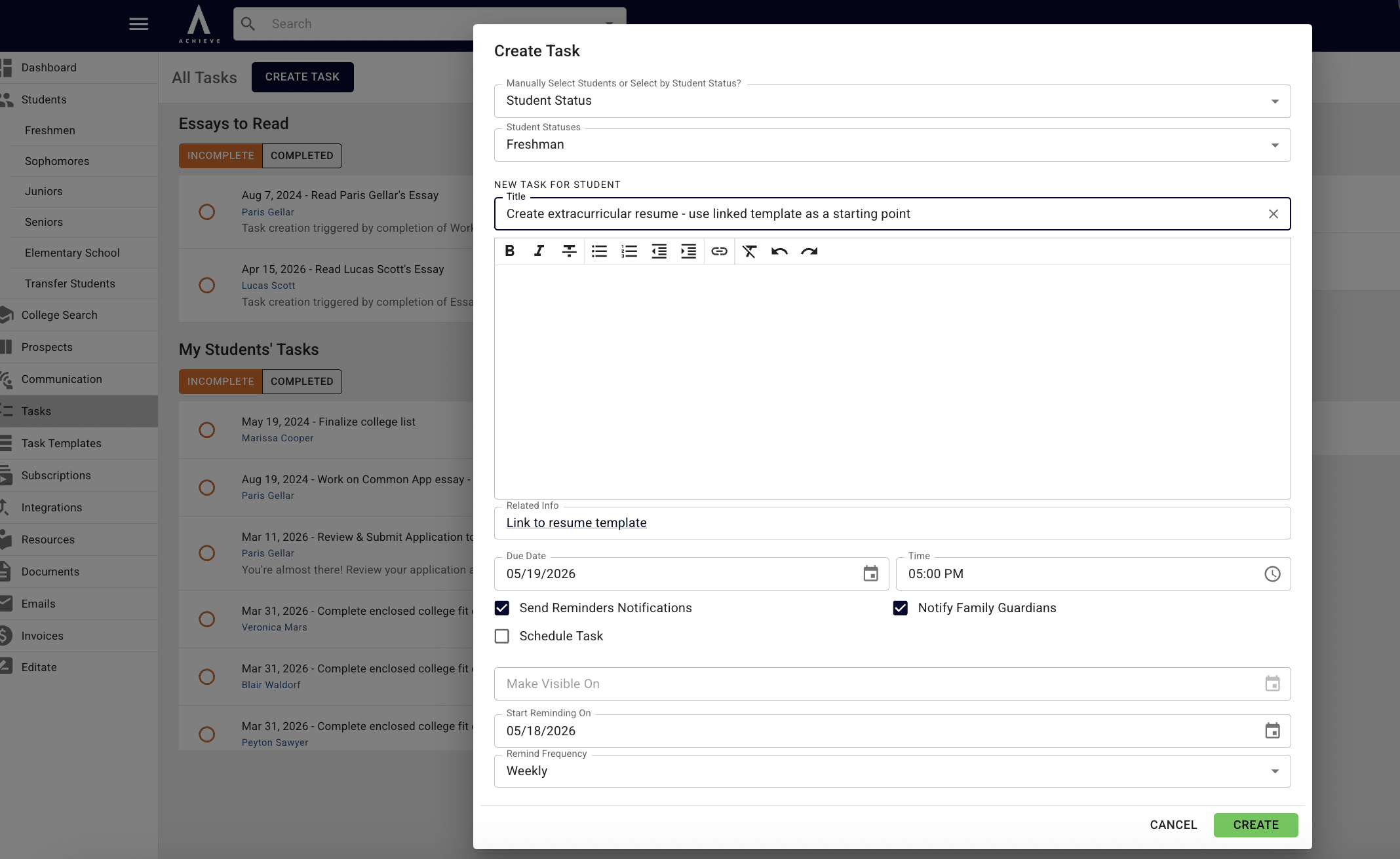 Once you choose your recipients, task, and settings, click on the **Create** button to assign it to your students