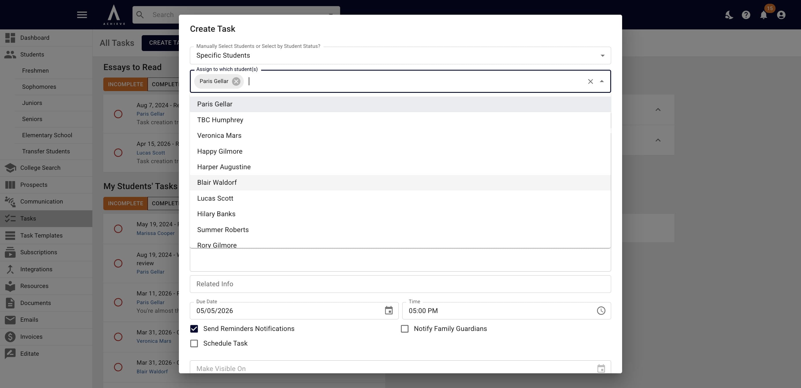 If you choose **Specific Students**, you'll then be able to choose those specific students by typing in their names or selecting them from the drop down menu. 