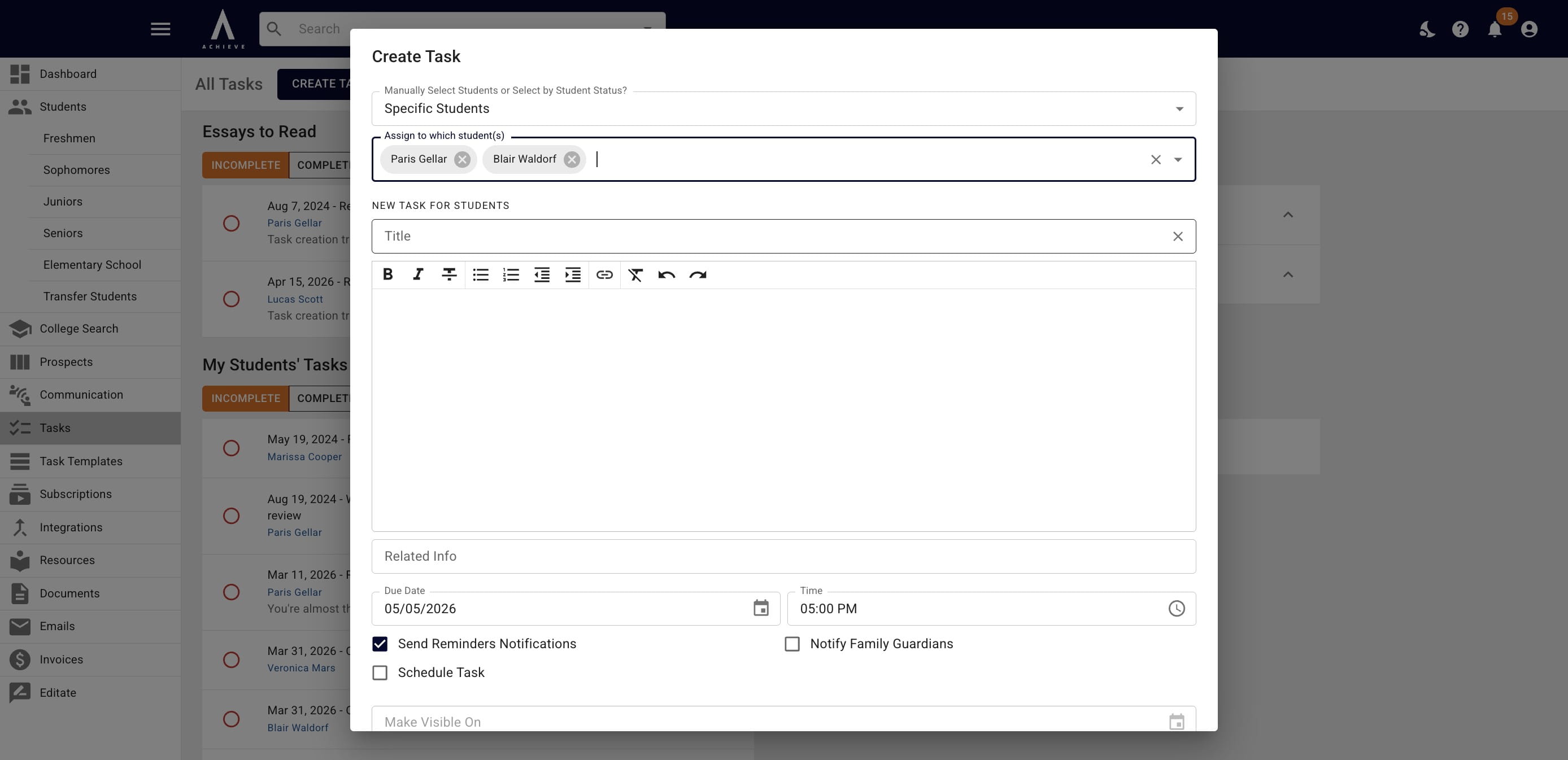 Click in the **Title** field to choose a task template from your task bank or write in a one-off task. 