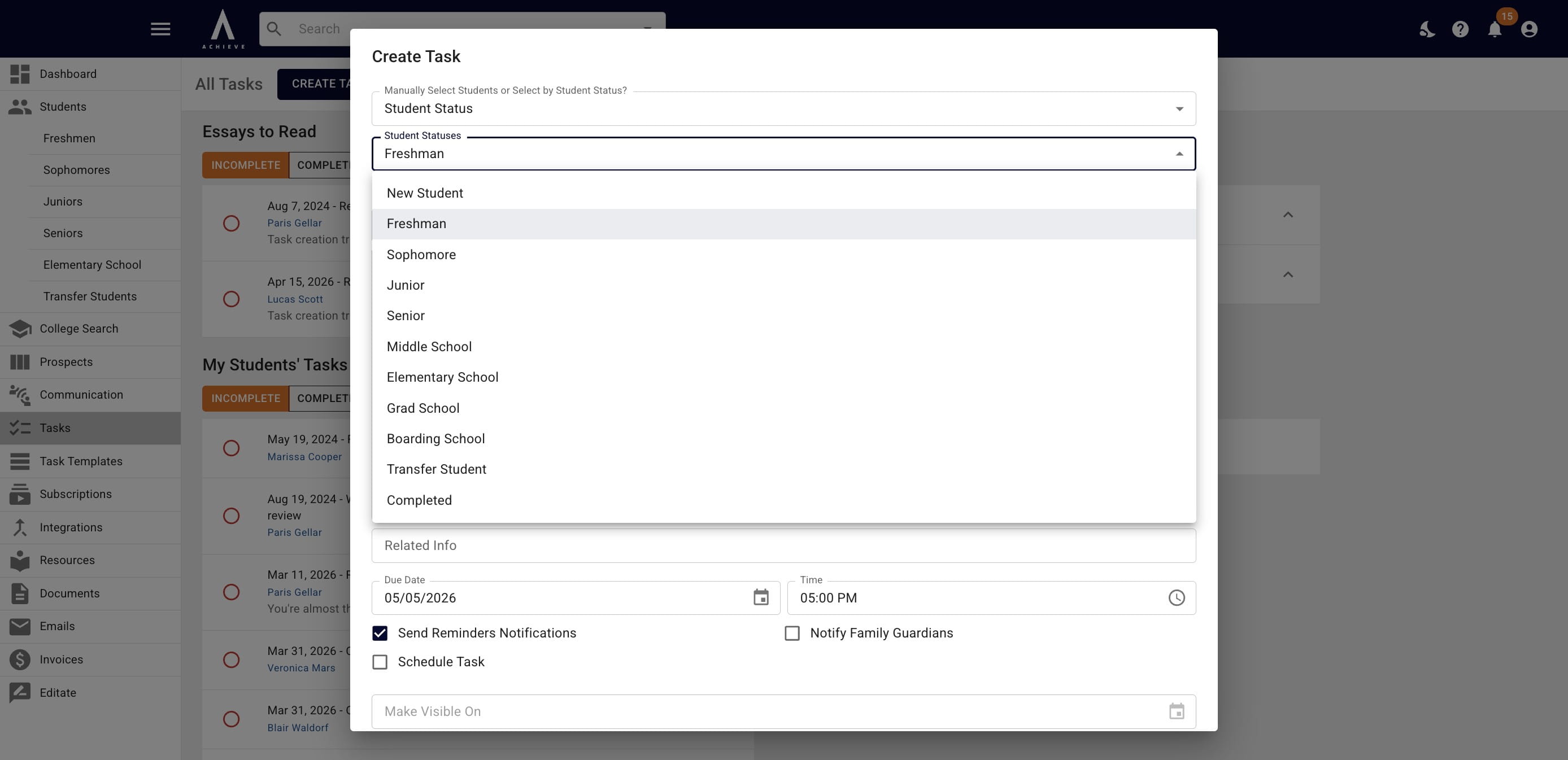 If you're assigning the task by **Student Status**, choose the applicable status(es) from the drop down. 