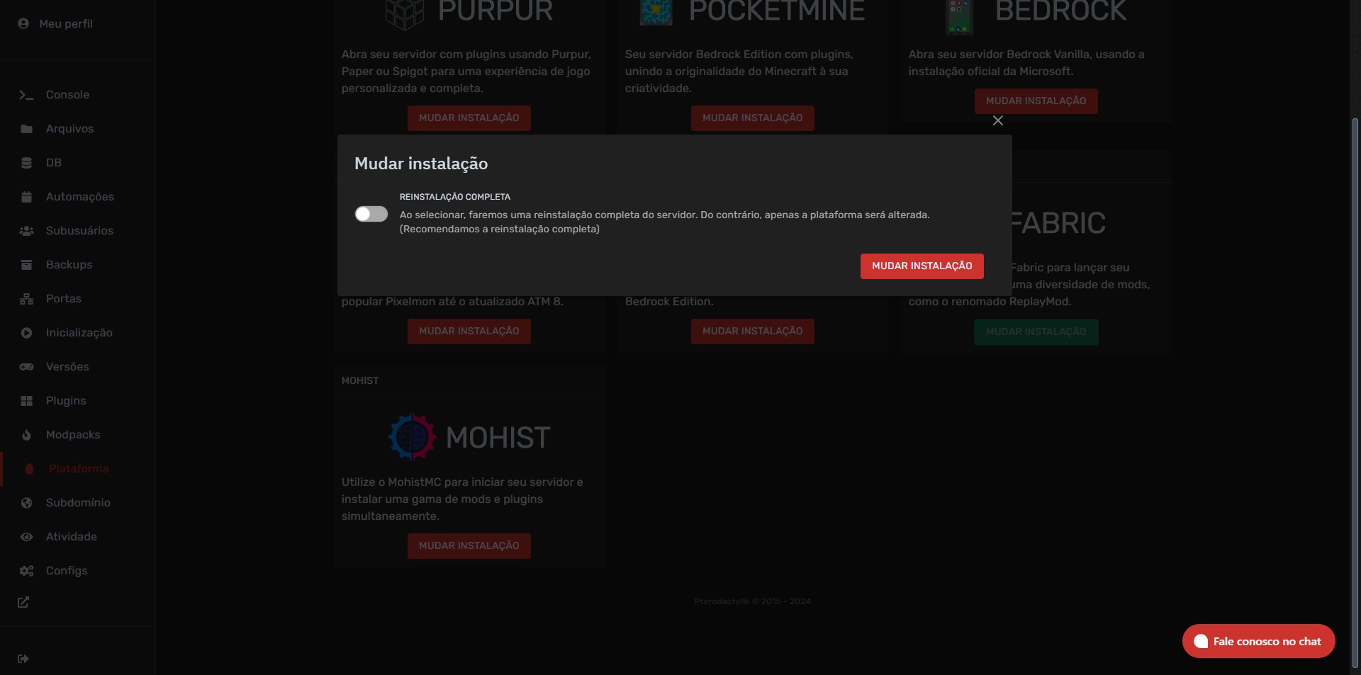 Clique no botão "Mudar instalação"