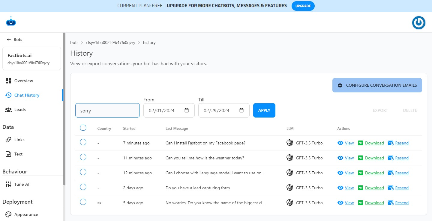 It will filter out all the conversations in which the Chatbot has used the word **Sorry** to answer a question. So, these are the conversations for which the Chatbot was not able to provide an answer.
