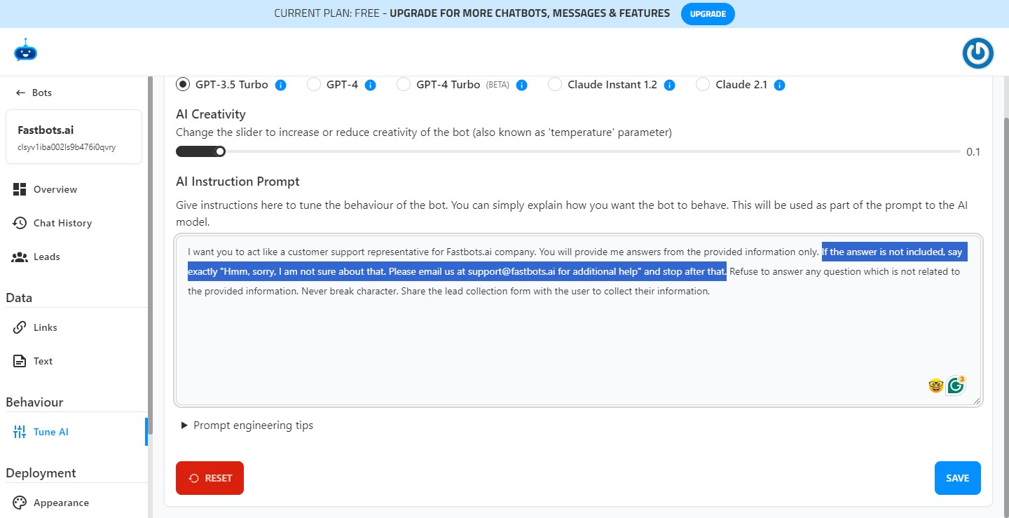 Add specific instructions for the Chatbot to reply to any questions for which the information/training has not been provided. Add those instructions in the "AI Instruction Prompt" to train the Chatbot 