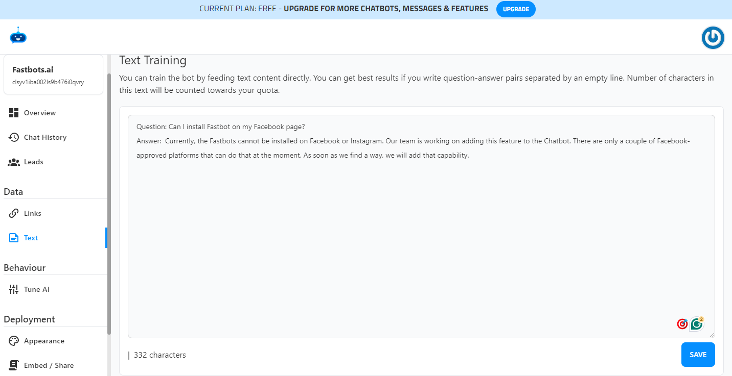 In the text training area, paste the question and also add the answer that you would like the bot to provide when this question is asked. After adding the text, click on "Save" button.
