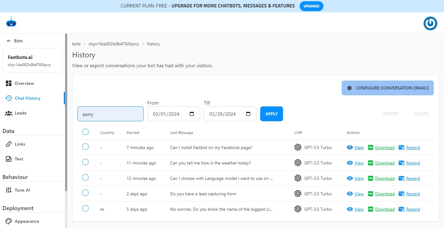 Click on the "View" button to open the transcript of the conversation.