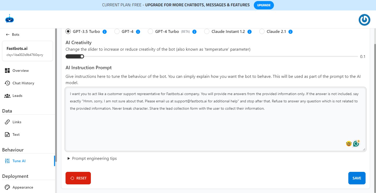 After adding the instructions click on "Save". Now, if your Chatbot does not have an answer to a question, it will reply with the exact instructions provided by you in the "AI Instruction Prompt". 