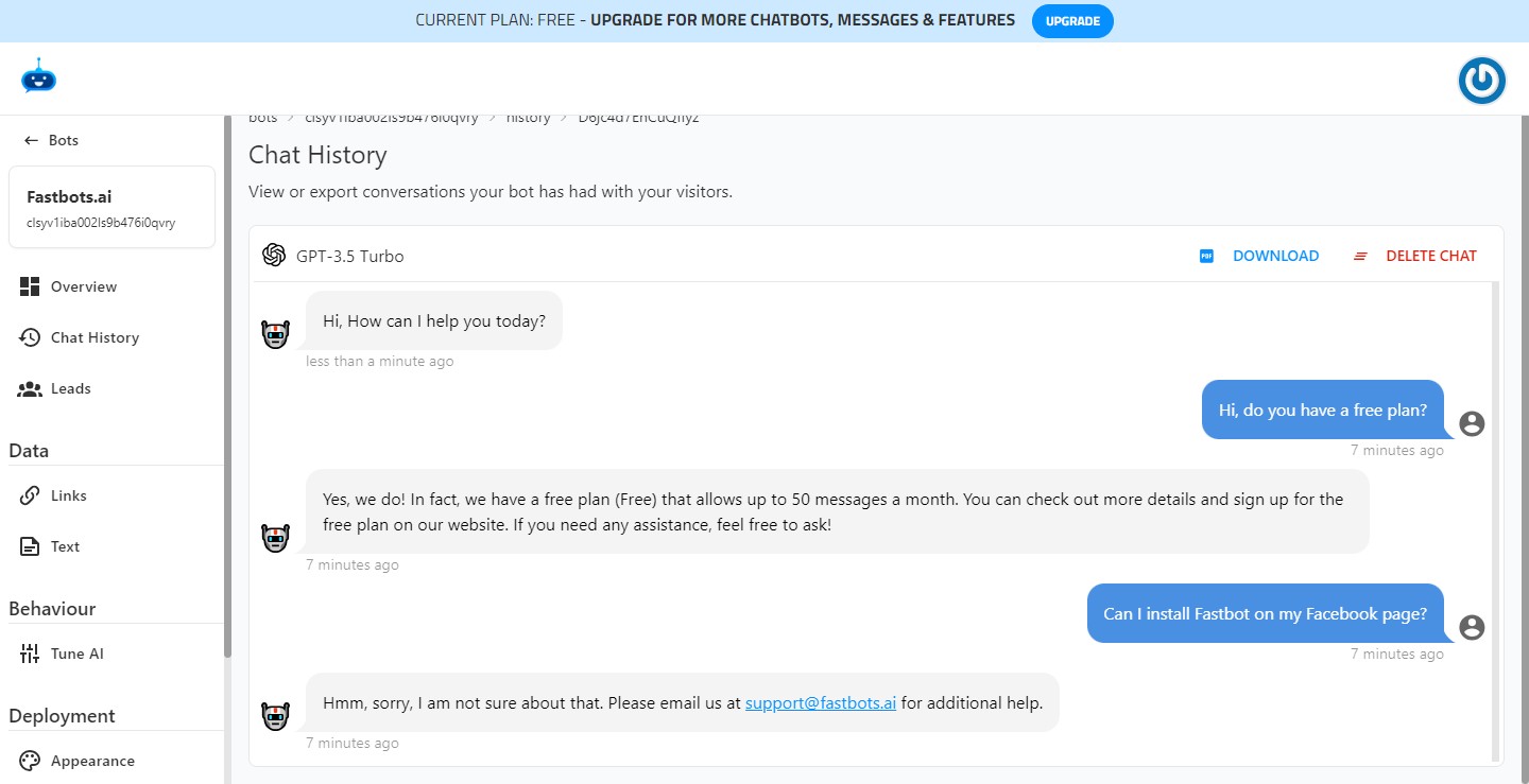 Here you can see the complete conversation and that specific question for which the Chatbot was not able to provide an answer.