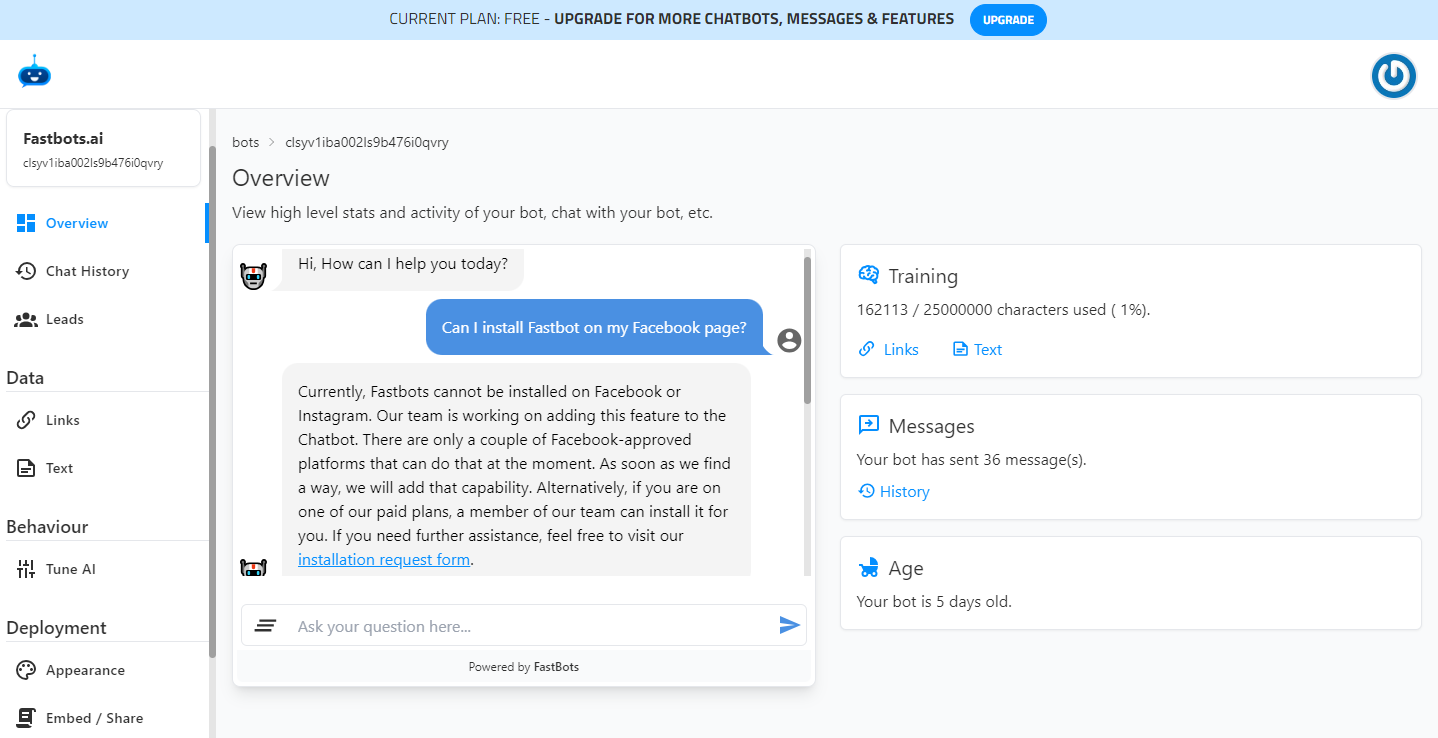 Now, your Chatbot is trained to provide the answer to that specific question. To test it, go to the "Overview" page and ask the same questions again, it should reply with your provided answer. Check the example below.