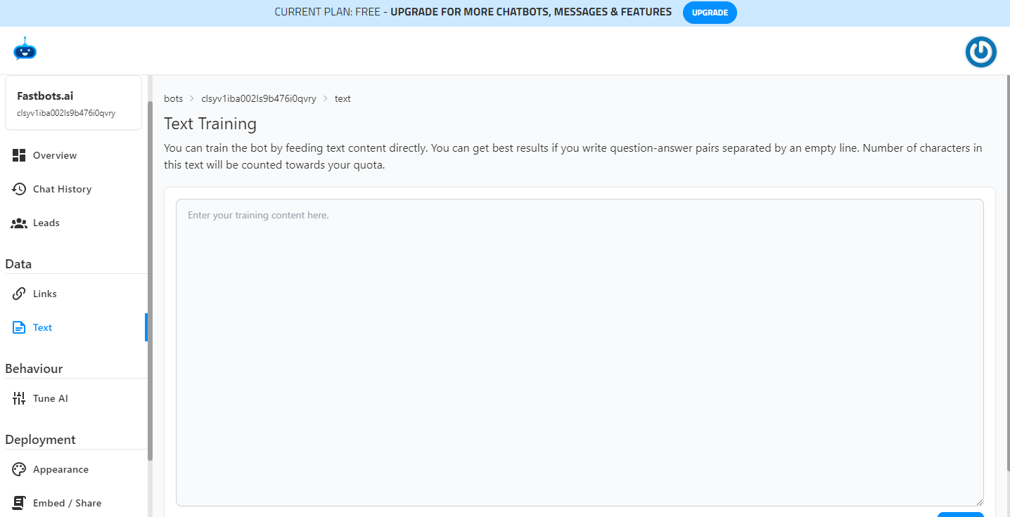Click on "Text" to open the text training page.