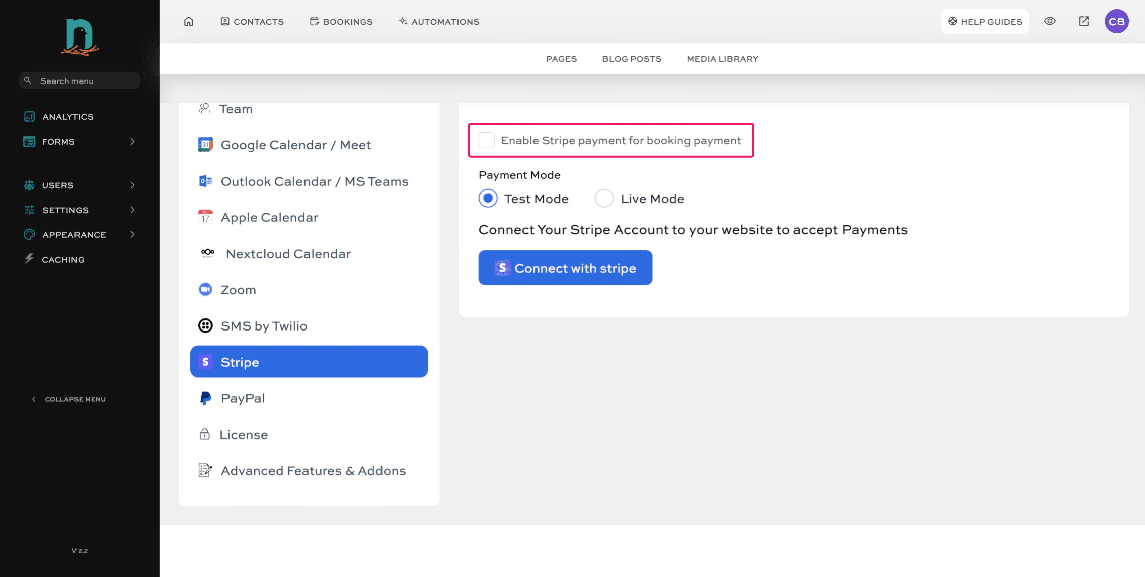 Click 'Enable Stripe payment for booking payment'
