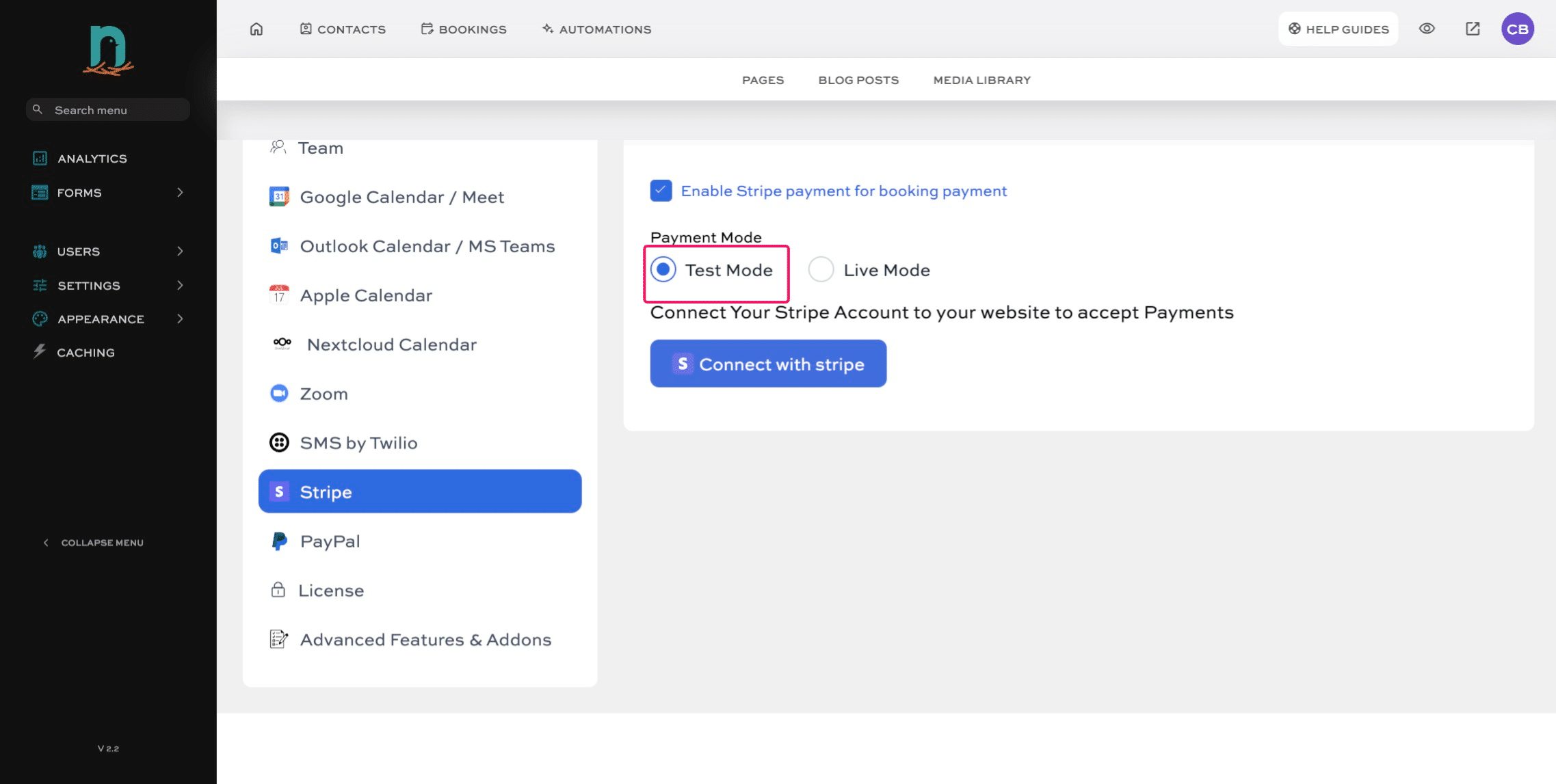 Make sure 'Test Mode' is selected.  (If you are ready to take LIVE payments, skip to Step 8).
